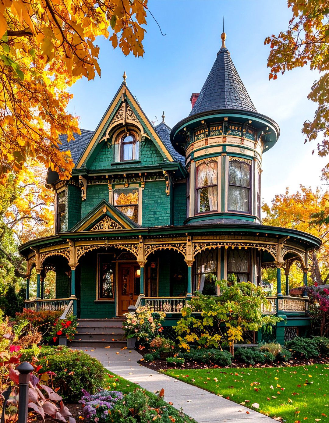 Victorian Green Brick with Ornate Details - 25 Green Brick Exterior Home Ideas