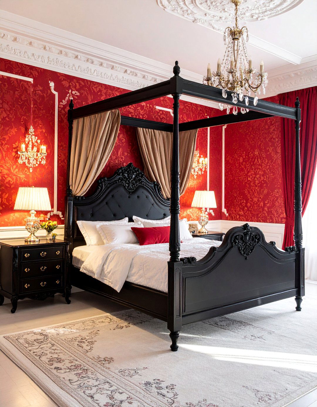 Victorian Inspired Bedroom with Modern Updates - 25 red black and white bedroom ideas