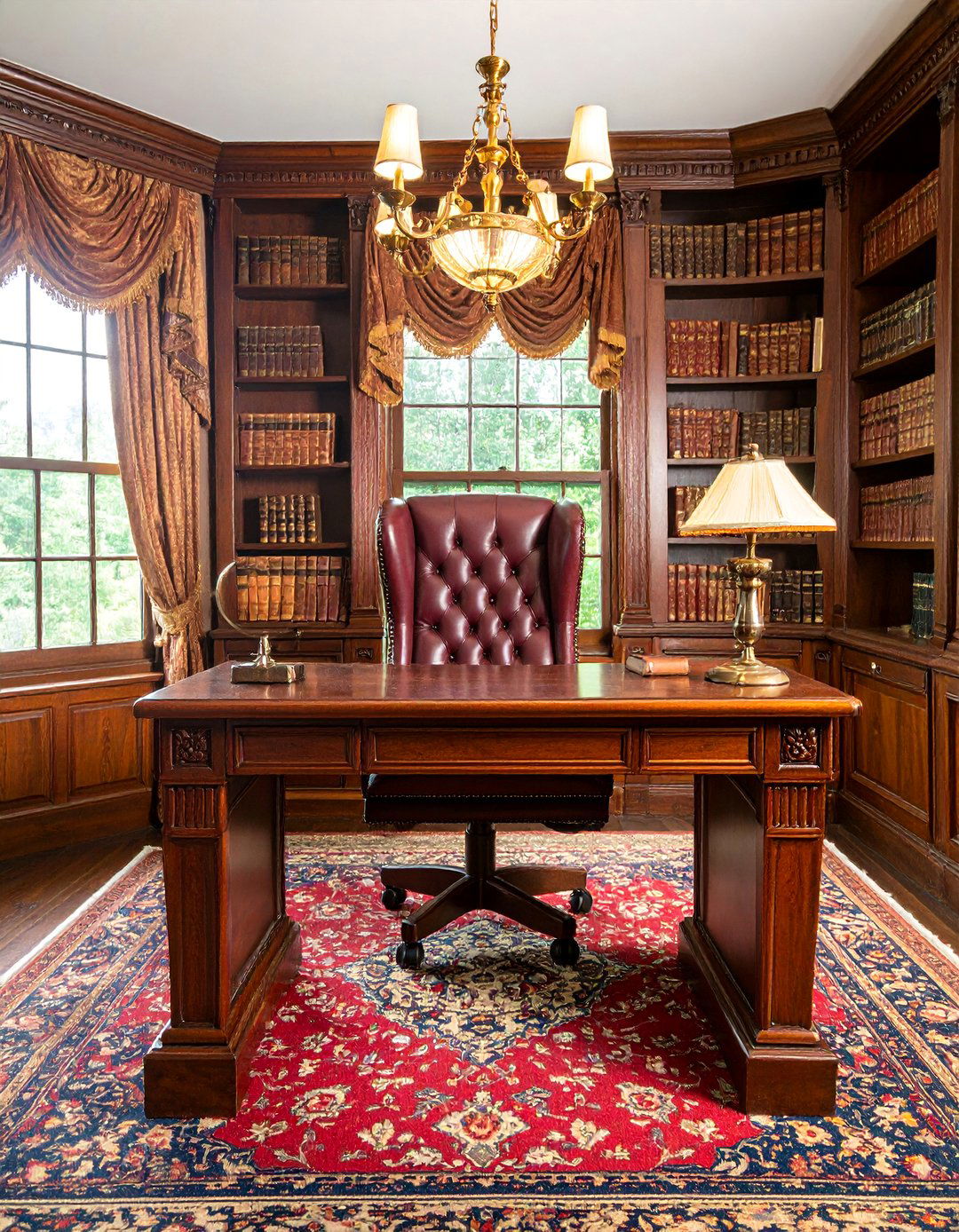 Victorian Library Home Office with Dark Wood and Leather Details - 25 Home Office Decor Ideas