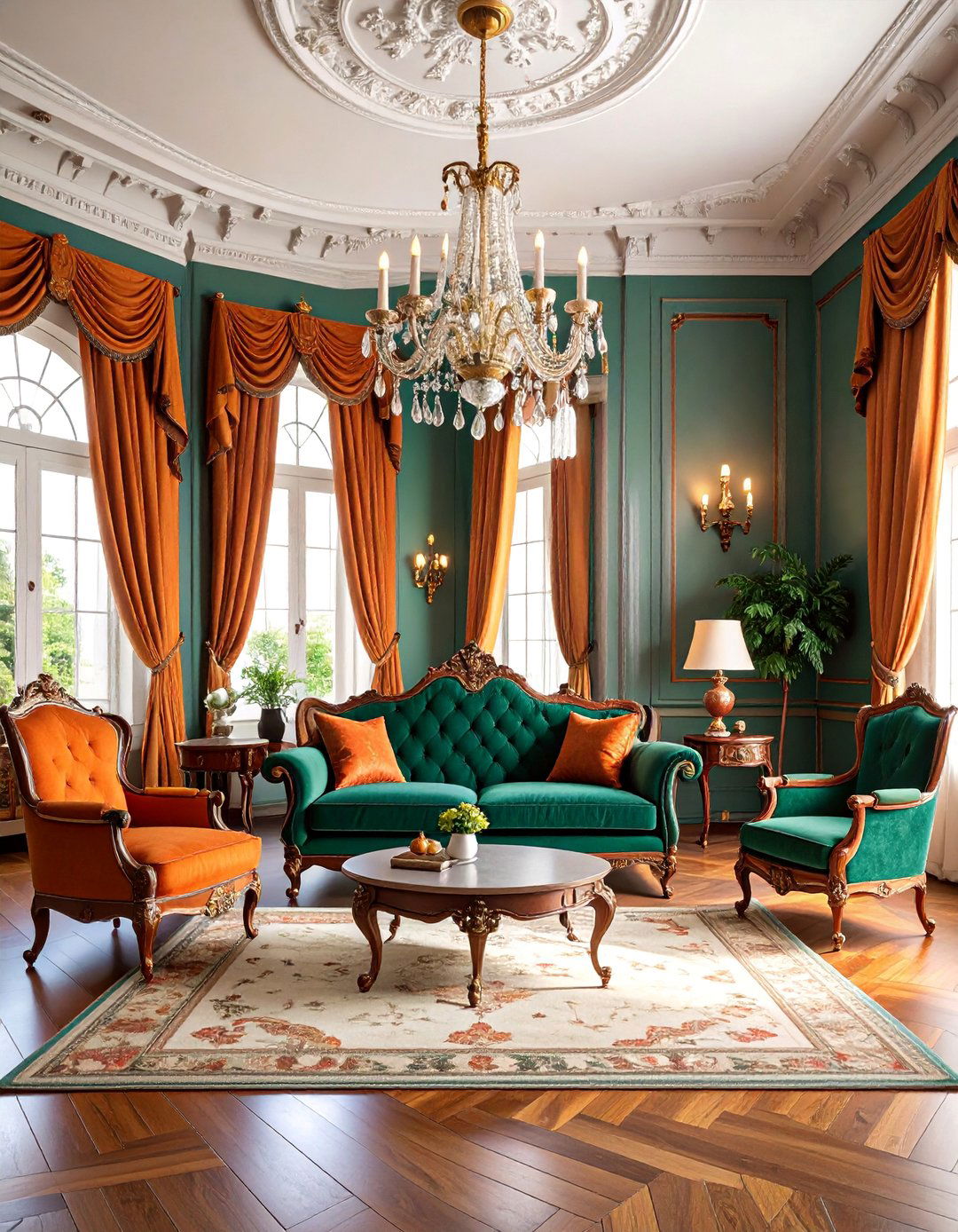 Victorian Living Room with Deep Green and Amber Orange - 25 Green and Orange Living Room Ideas