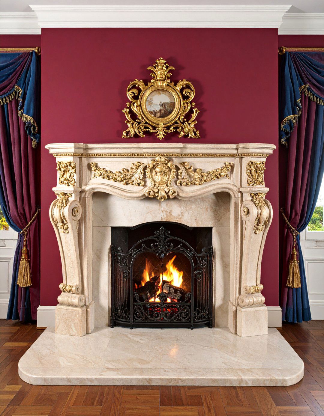 Victorian Parlor Faux Stone Fireplace with Ornate Cast Iron Insert - 25 Faux Stone Fireplace Ideas