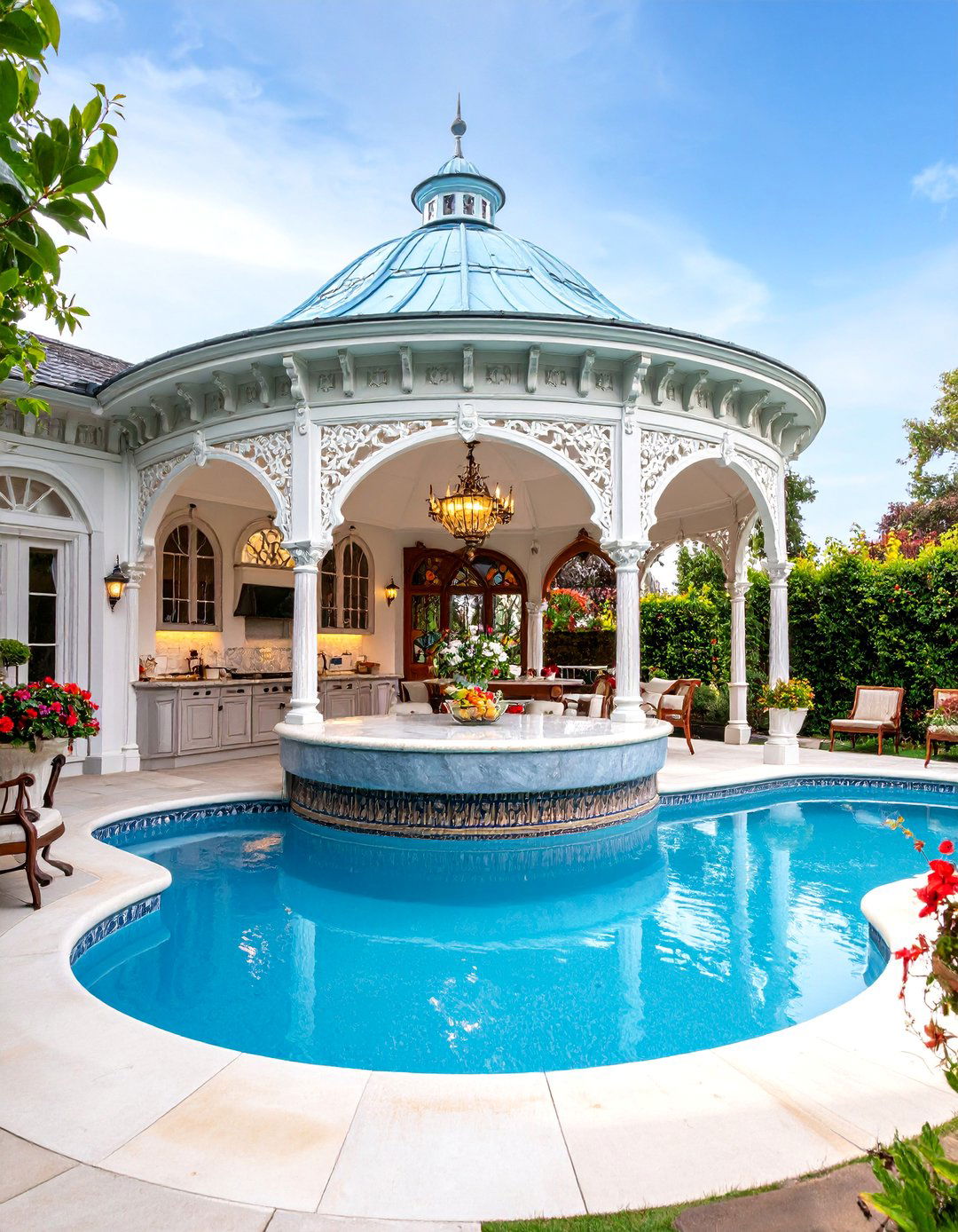 Victorian Pool House with Ornate Outdoor Kitchen Details - 25 Pool House With Outdoor Kitchen Ideas