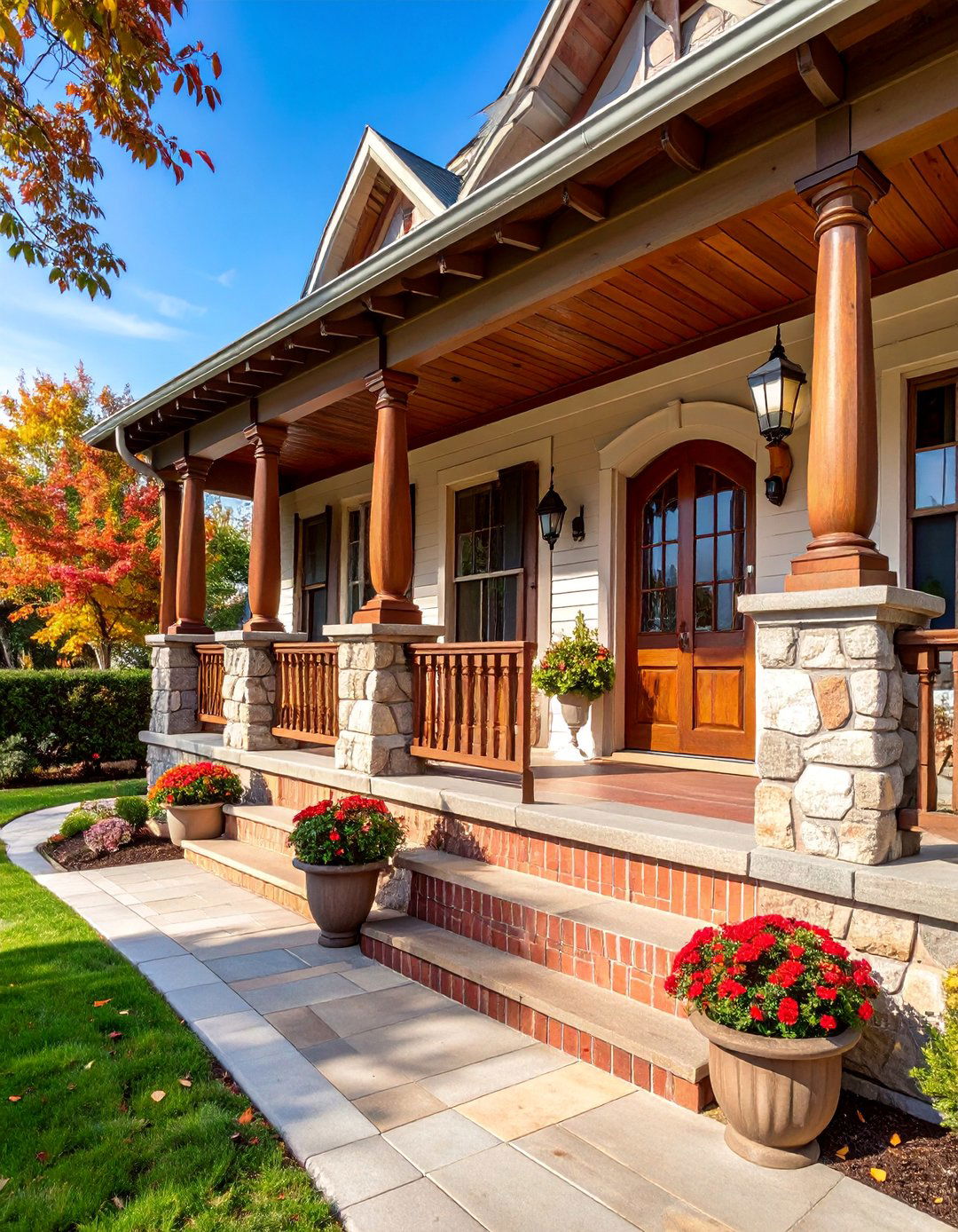 Victorian Porch with Brick Foundation and Stone Accents - 25 Victorian Porch Ideas