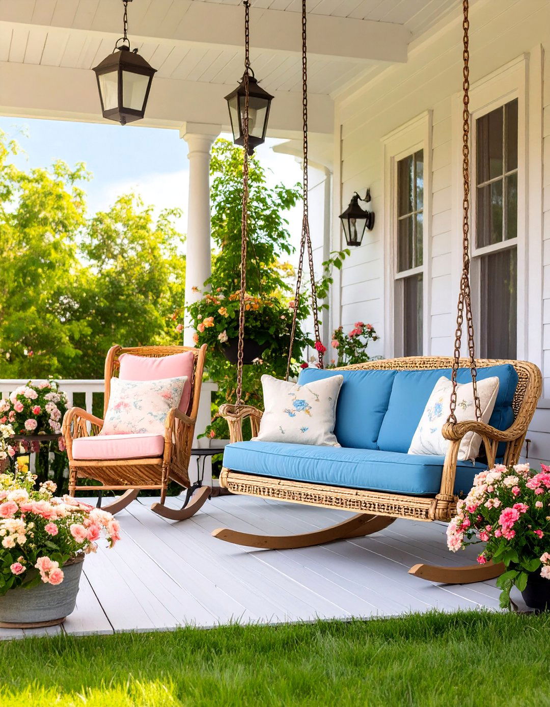 Victorian Porch with Vintage Swing and Rocking Chairs - 25 Victorian Porch Ideas