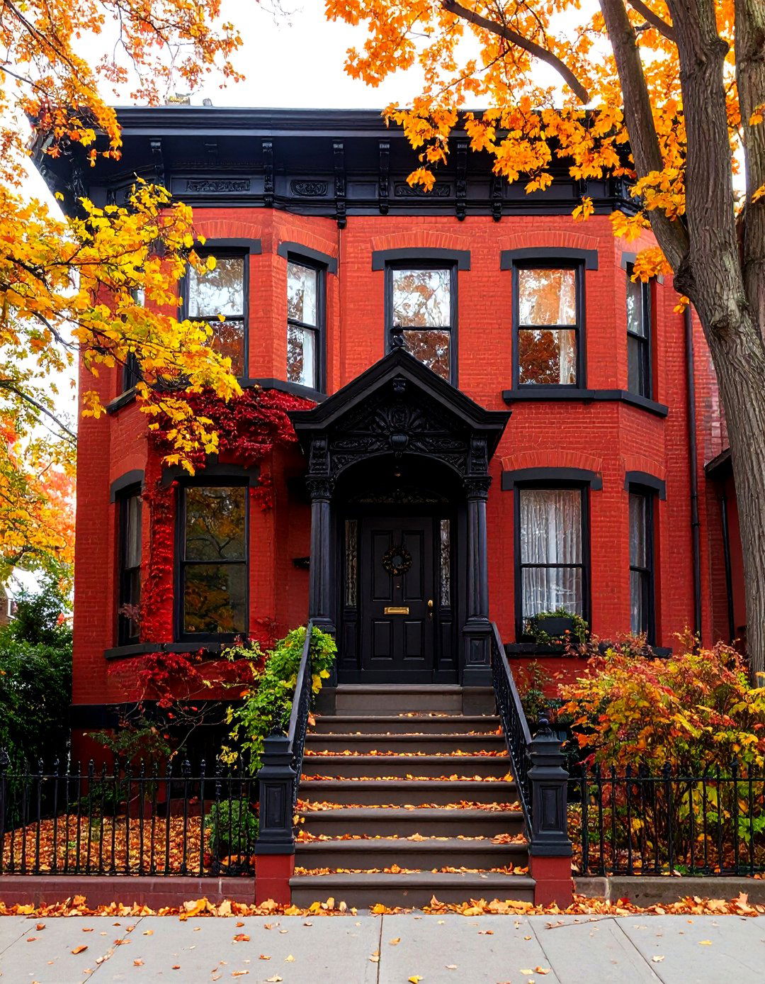 Victorian Red Brick House with Black Ornate Trim and Details - 25 Red Brick House with Black Trim Design Ideas