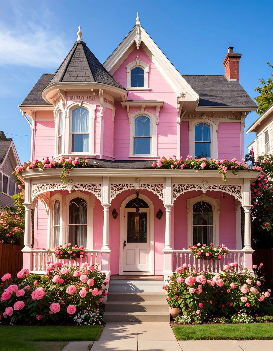 Victorian Rose Pink House Exterior with Ornate Gingerbread - 25 Pink House Exterior Ideas