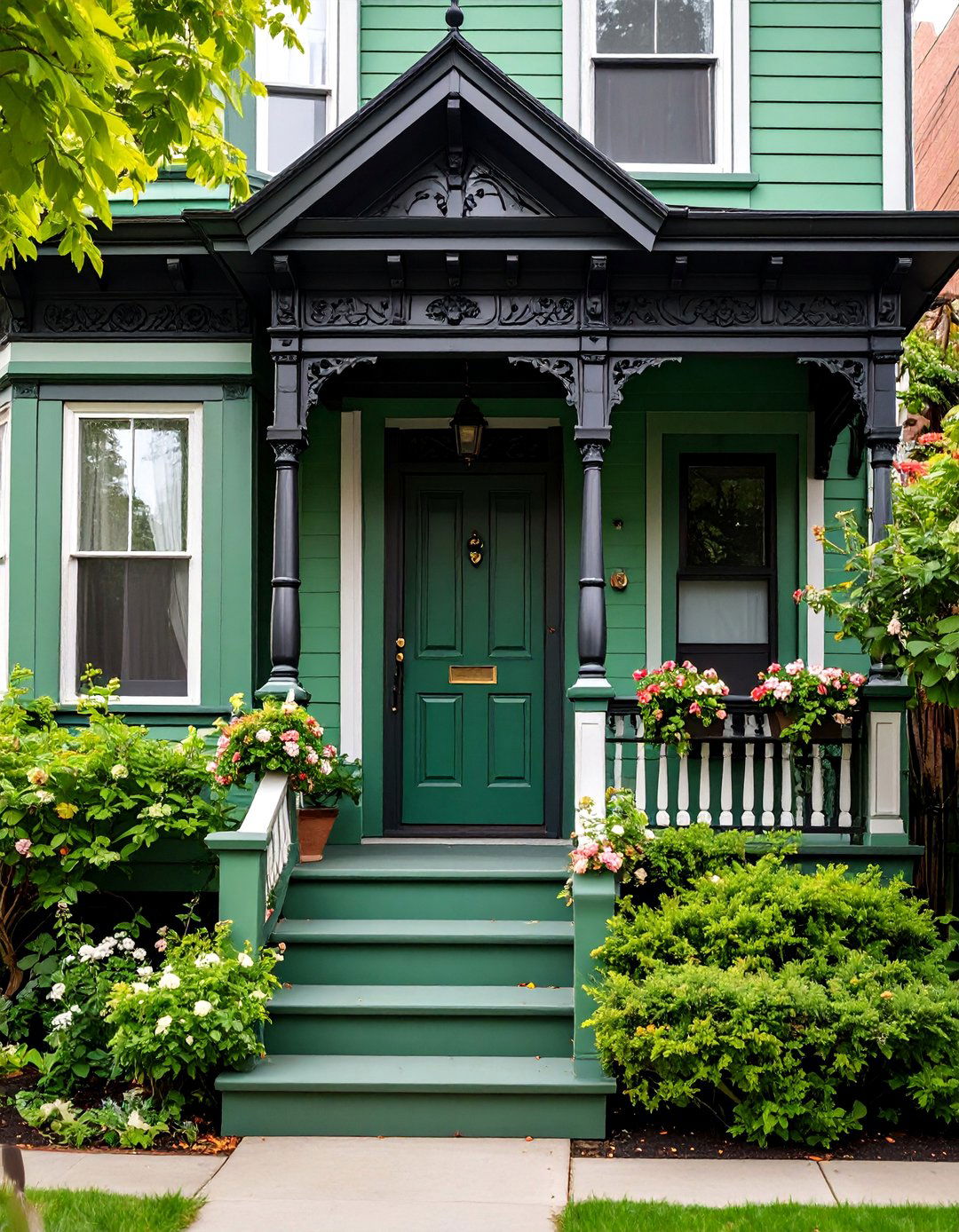 Victorian Sage Green House with Ornate Black Trim - 25 Sage Green House With Black Trim Ideas