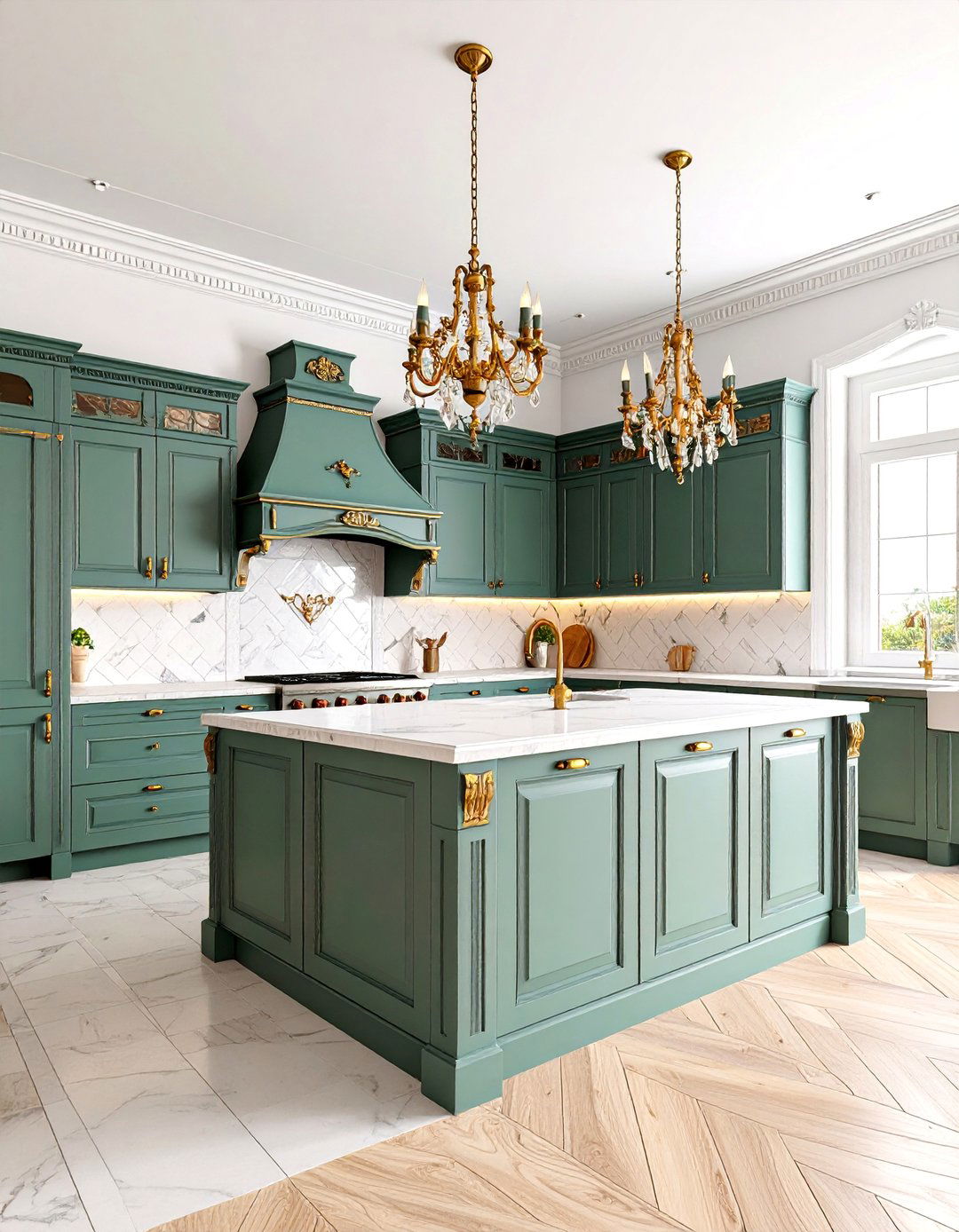 Victorian Sage Green Kitchen with Mahogany Butcher Block - 25 Sage Green Kitchen Cabinets With Butcher Block Countertops