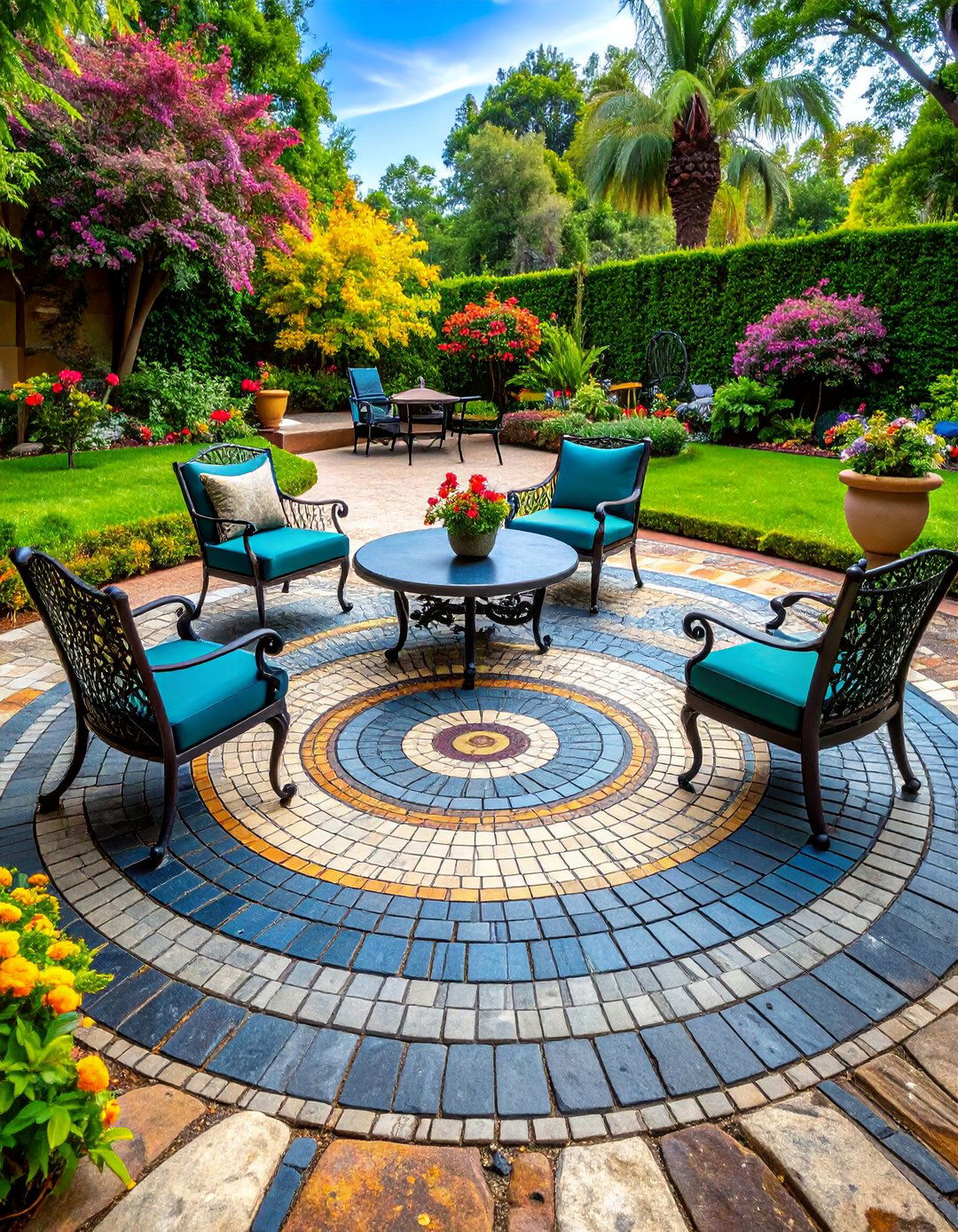 Victorian Style Cobblestone Patio with Ornate Circular Medallion - 25 cobblestone patio ideas