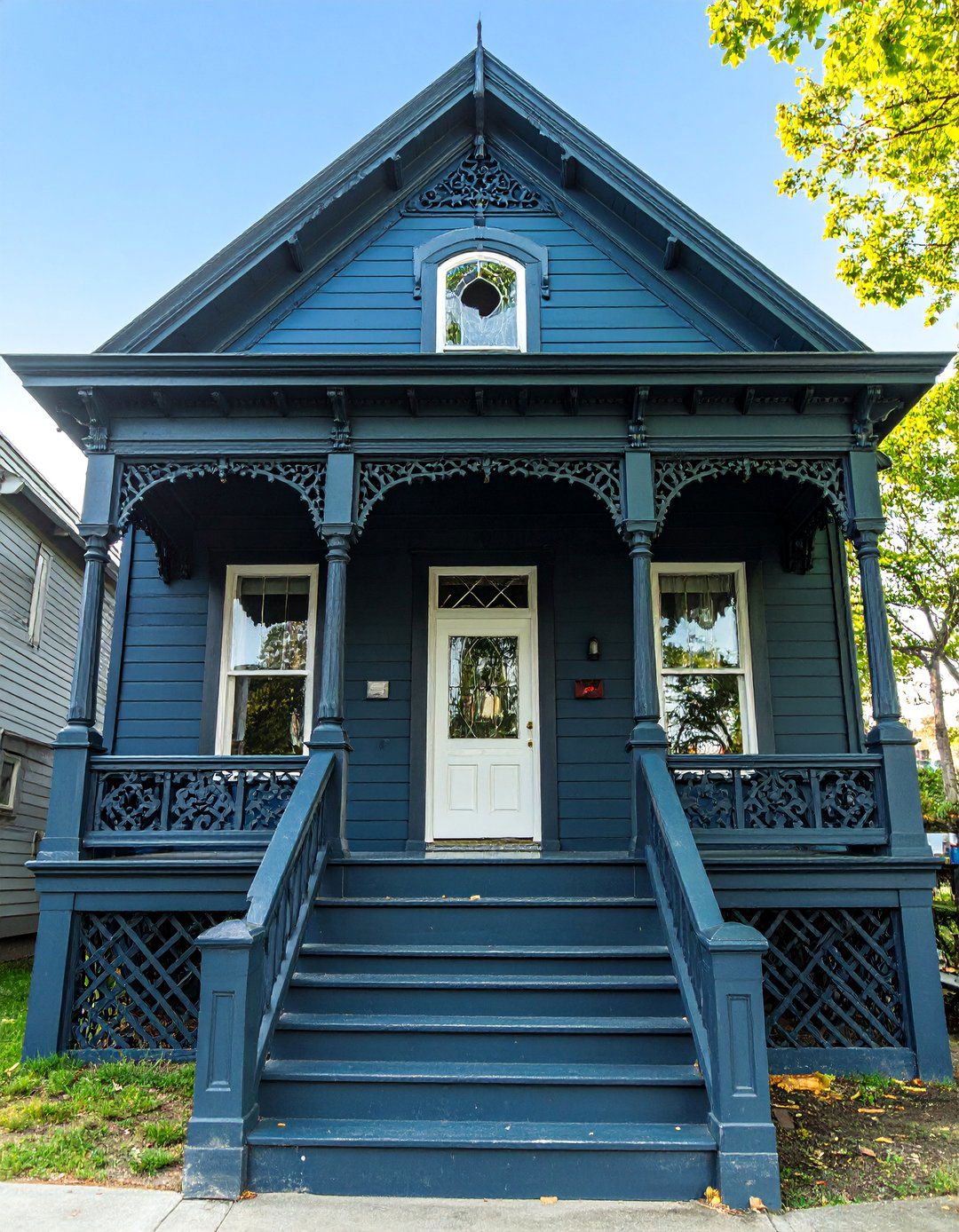 Victorian Style Dark Blue with Black Gingerbread Trim - 25 Dark Blue House With Black Trim