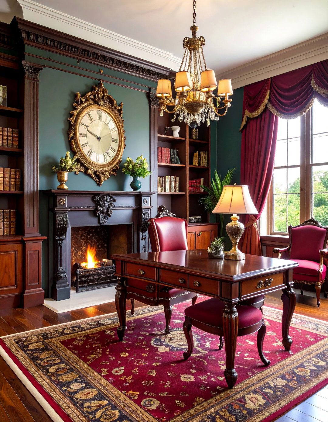 Victorian Style Office with Ornate Cast Iron Fireplace - 25 Home Office With Fireplace Ideas