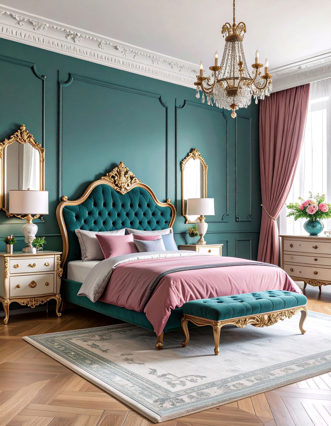 Victorian Teal and Mauve Pink Bedroom with Ornate Details - 25 Teal and Pink Bedroom Ideas