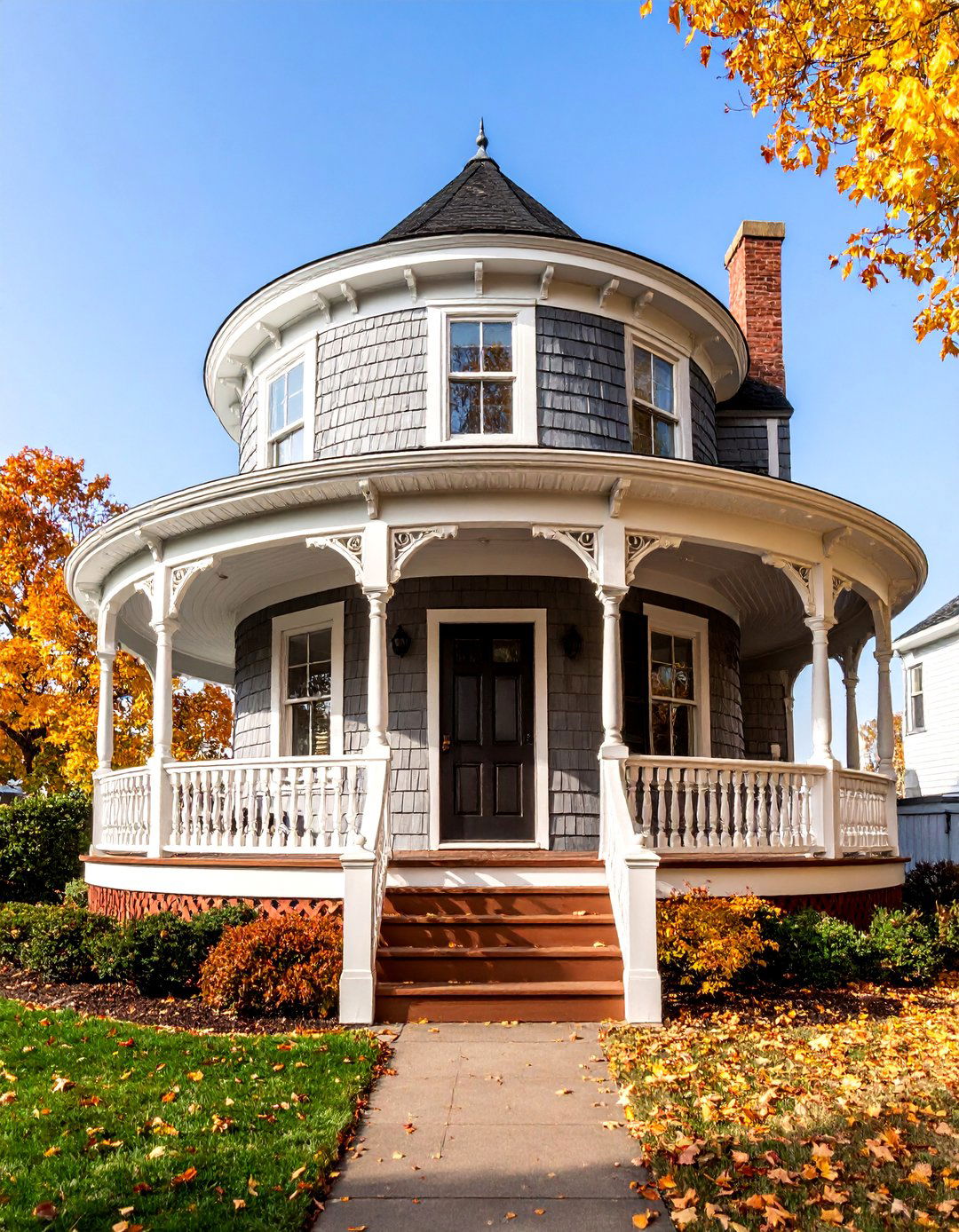 Victorian Turret Porch with Curved Railings - 25 Victorian Porch Ideas
