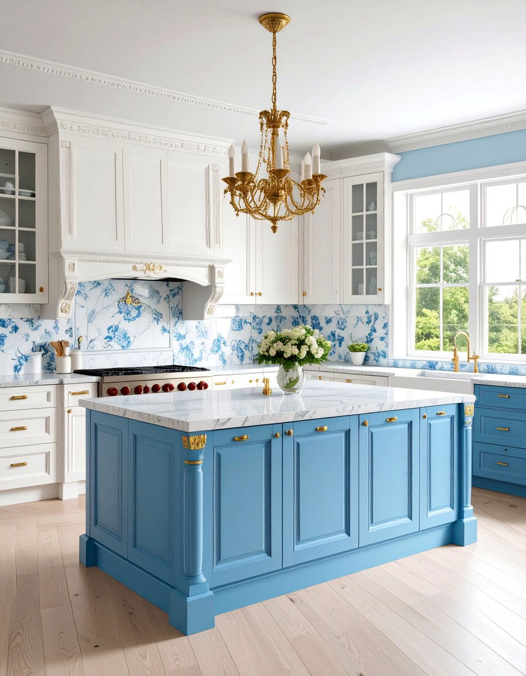 Victorian White Cabinets with Cornflower Blue Island - 25 White Kitchen Cabinets With Blue Island
