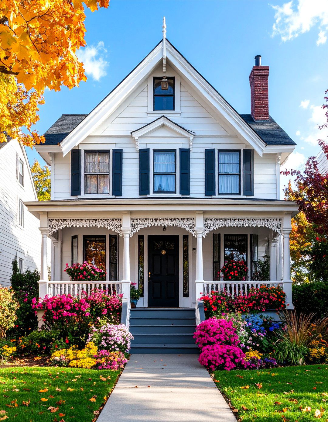 Victorian White House with Ornate Black Entry Door - 25 White House Ideas With Black Doors