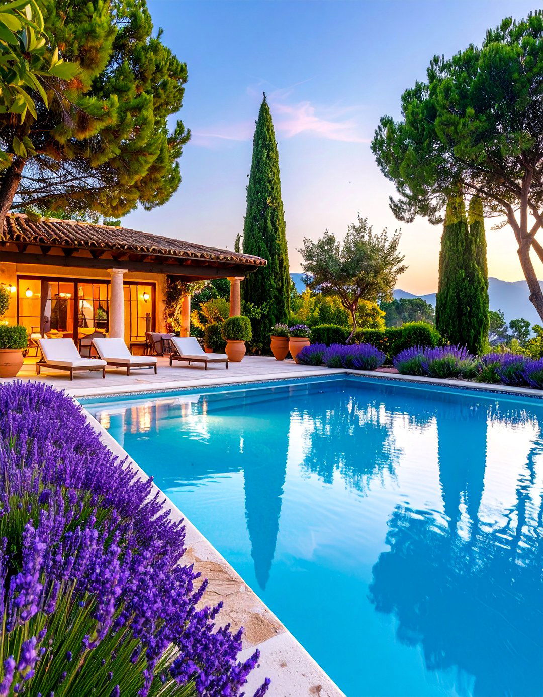 Villa Pool Garden with Cypress Allees - 25 Greek Garden Ideas