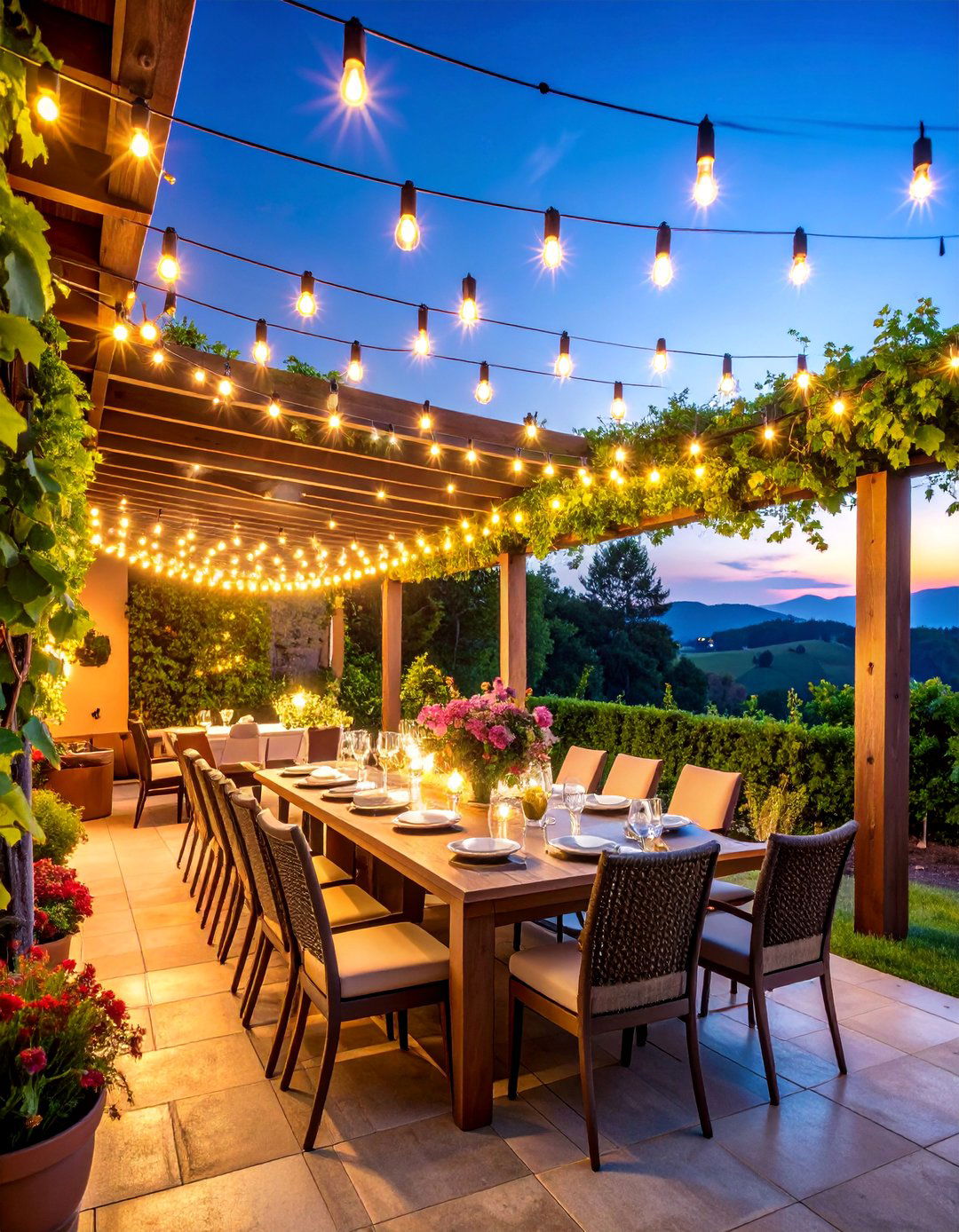Vineyard Style Patio with Overhead Canopy String Lights - 25 Patio String Light Ideas
