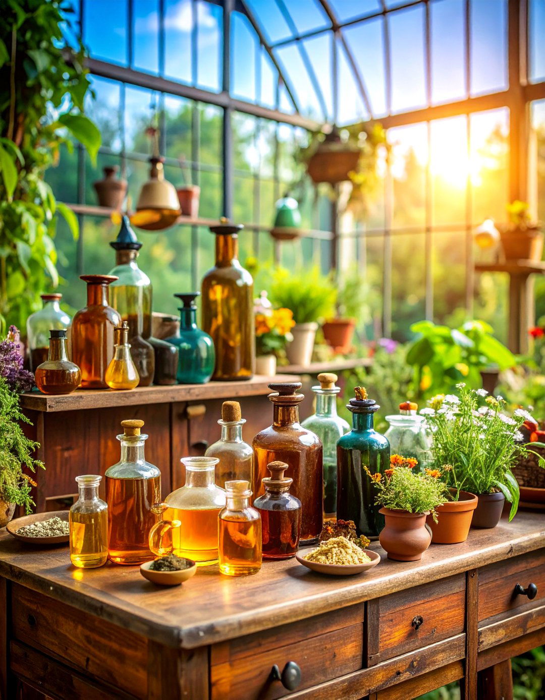 Vintage Apothecary Greenhouse with Medicinal Herb Collections - 25 Greenhouse Decor Ideas