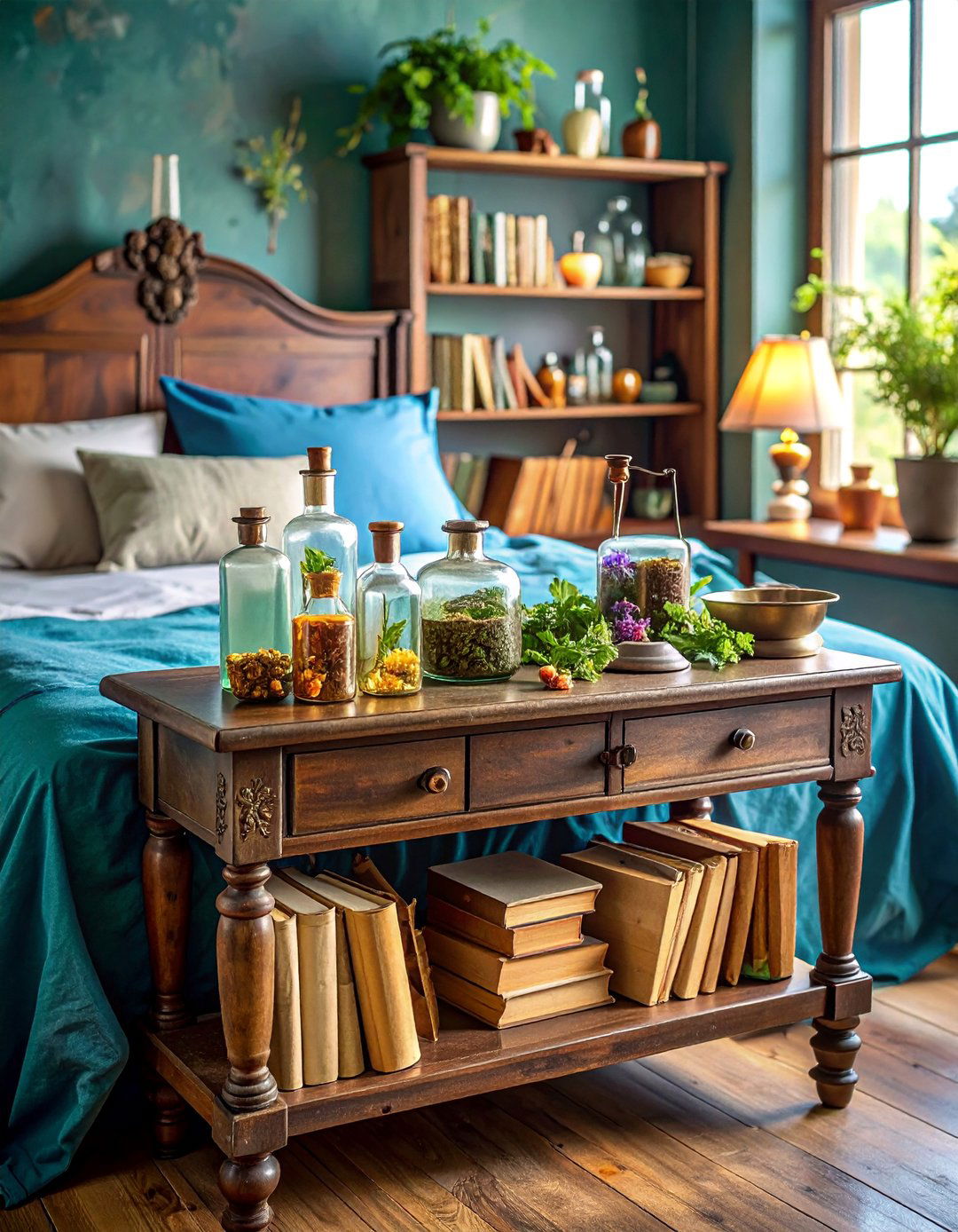 Vintage Apothecary Nightstand with Antique Bottles - 25 Nightstand Decor Ideas