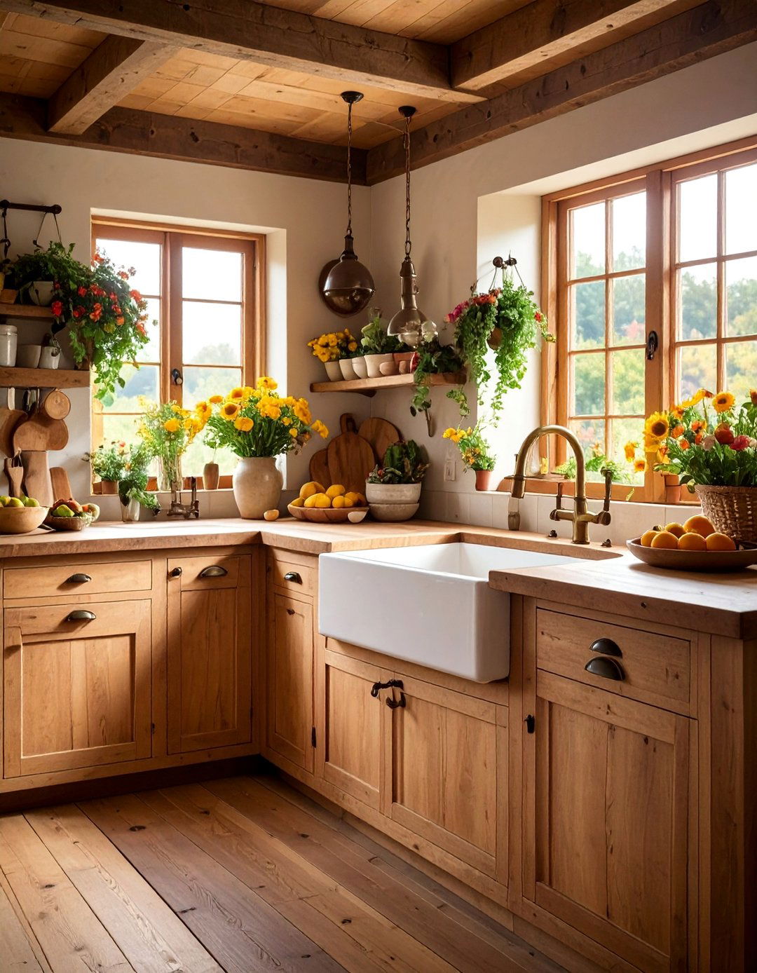 Vintage Apron Sink Kitchen with Wooden Countertops - 25 Primitive Kitchen Ideas