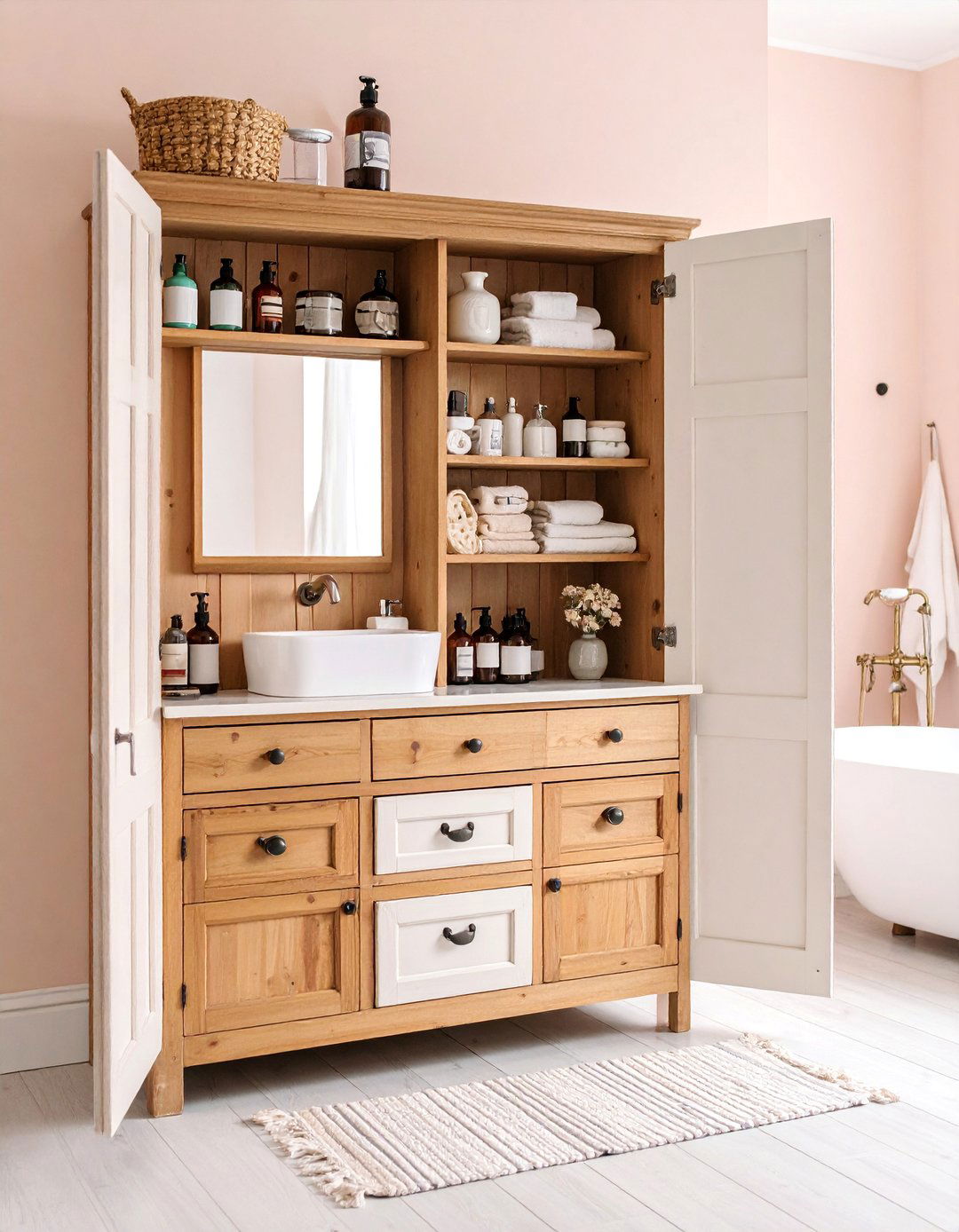 Vintage Armoire Storage Solution - 25 Cottage Bathroom Ideas