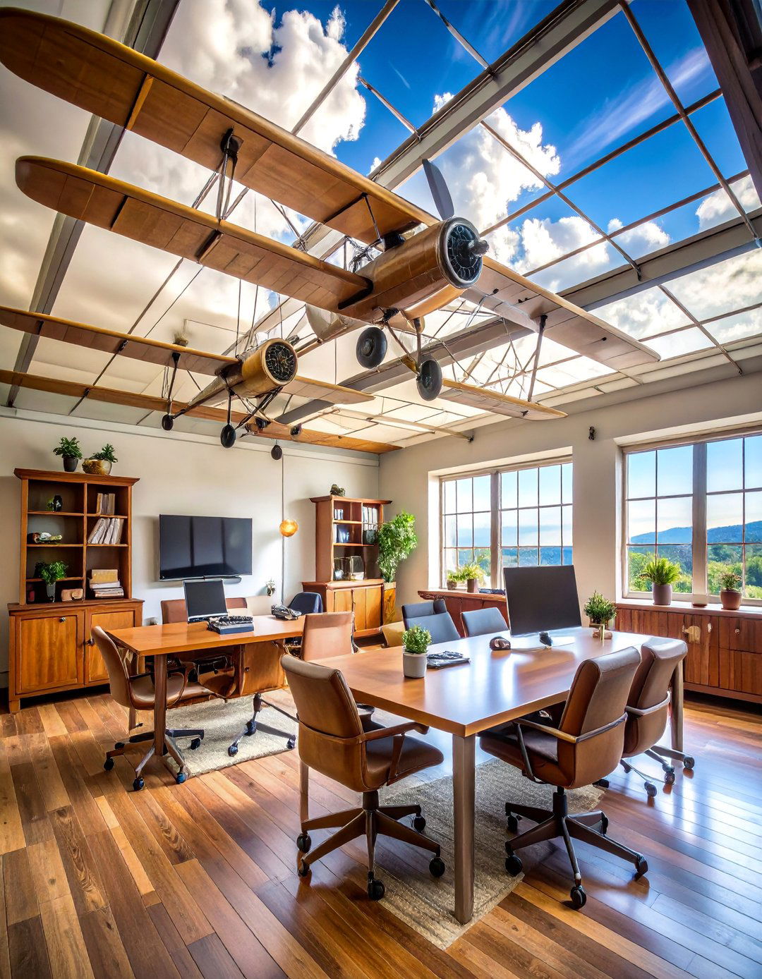 Vintage Aviation Ceiling Mural with Antique Aircraft and Cloud Formations - 25 Ceiling Murals