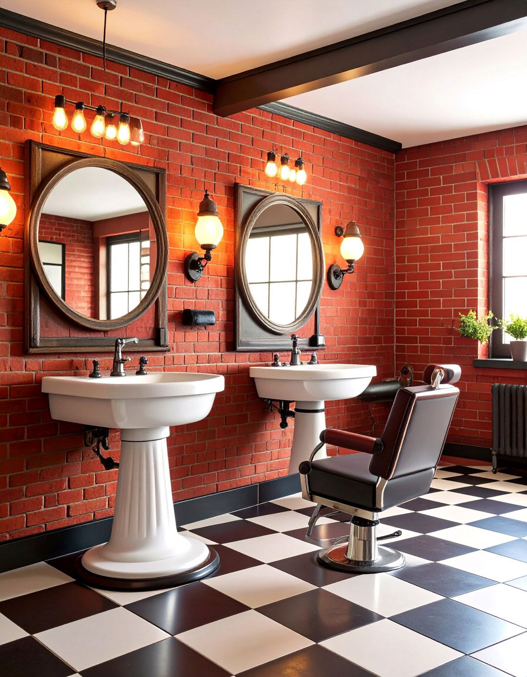 Vintage Barbershop Style Bathroom with Classic Red Brick - 25 Brick Wallpaper Ideas