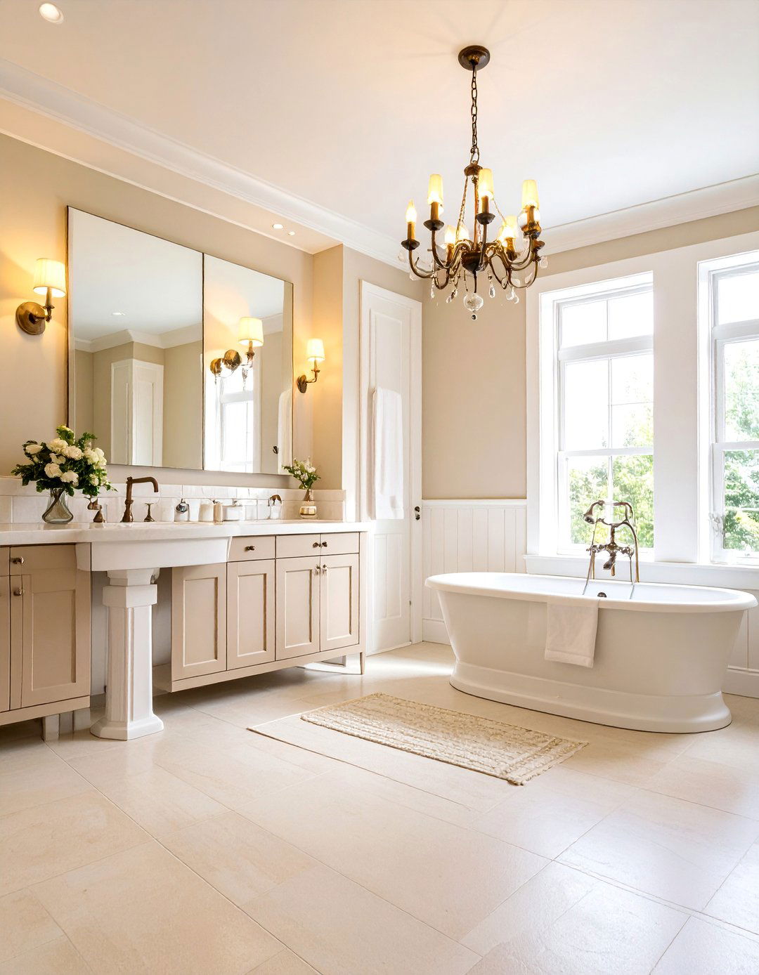 Vintage Bathroom with Beige Subway Tiles and White Pedestal Fixtures - 25 Beige and White Bathroom Ideas