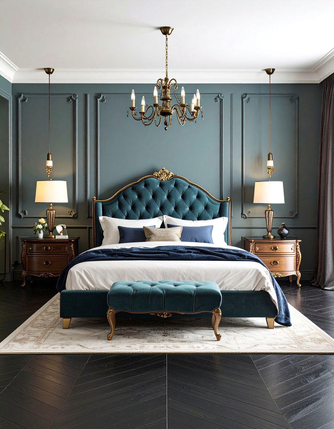 Vintage Bedroom with Black Parquet Floors and Antique Furnishings - 25 Black Floor Bedroom Ideas