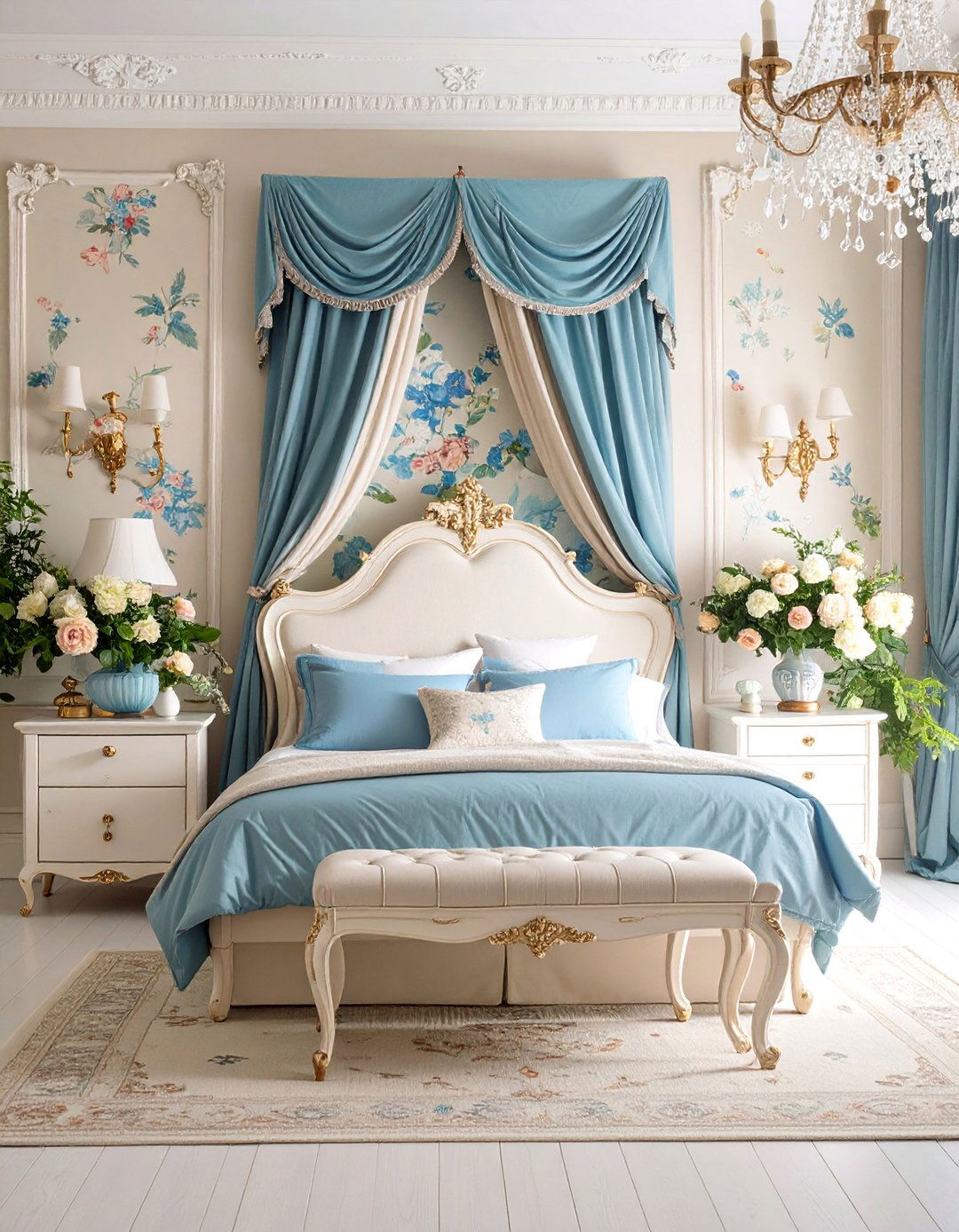 Vintage Blue Floral and Beige Bedroom - 25 blue and beige bedroom ideas