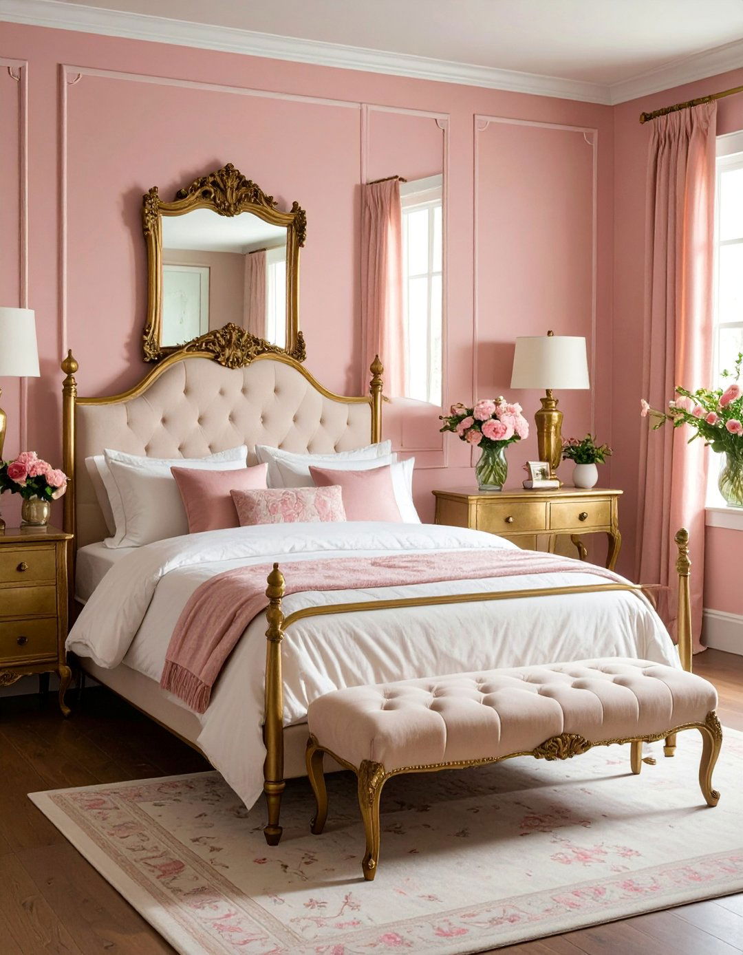 Vintage Blush Pink Bedroom with Antique Brass Furniture - 25 Blush Pink Bedroom Ideas