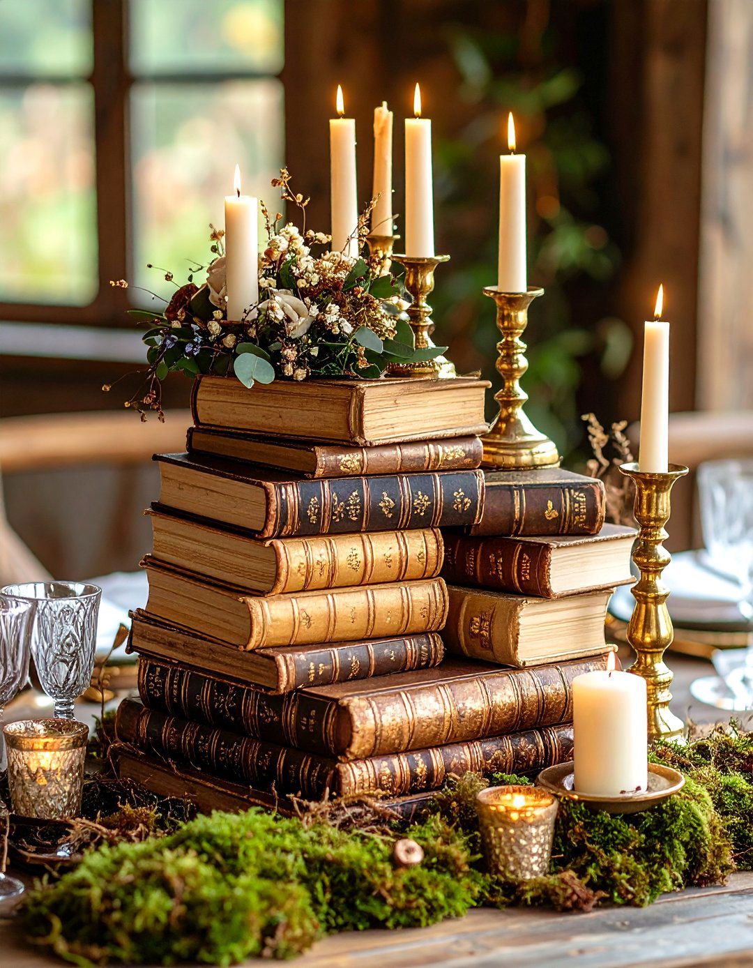 Vintage Book Stack with Taper Candles - 25 non-floral wedding centerpiece ideas
