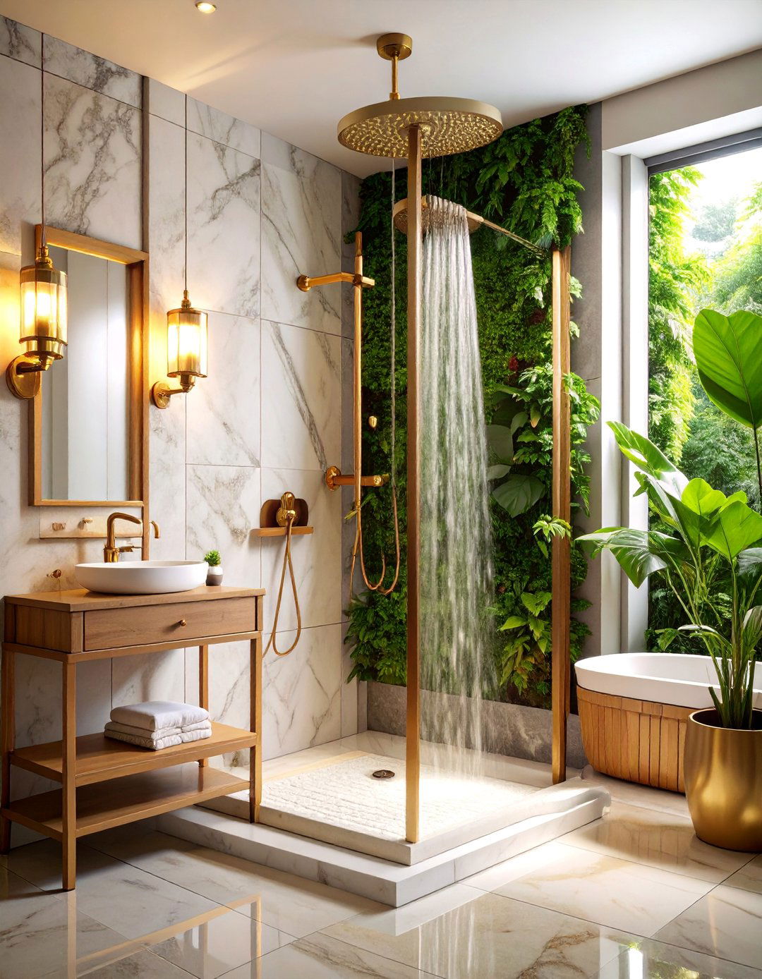 Vintage Brass Fixture Collection with Marble Walls - 25 Rustic Walk-in Shower Ideas