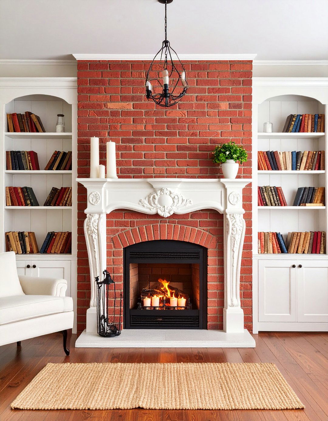 Vintage Brick Fireplace with Antique Mantel and Built in Bookshelves - 25 Faux Fireplace Ideas