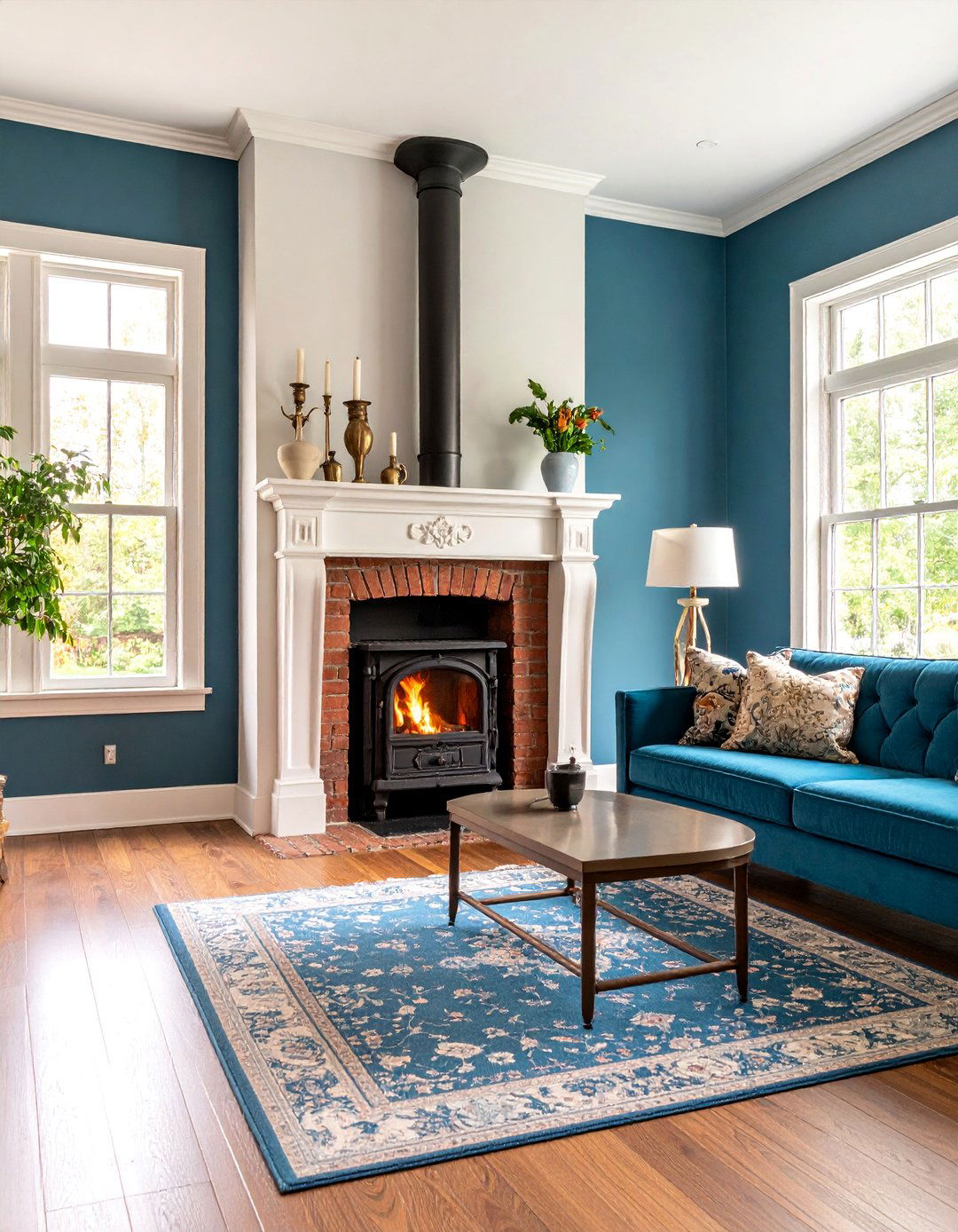 Vintage Brick Fireplace with Cast Iron Stove Insert - 25 Rustic Living Room With a Brick Fireplace Ideas