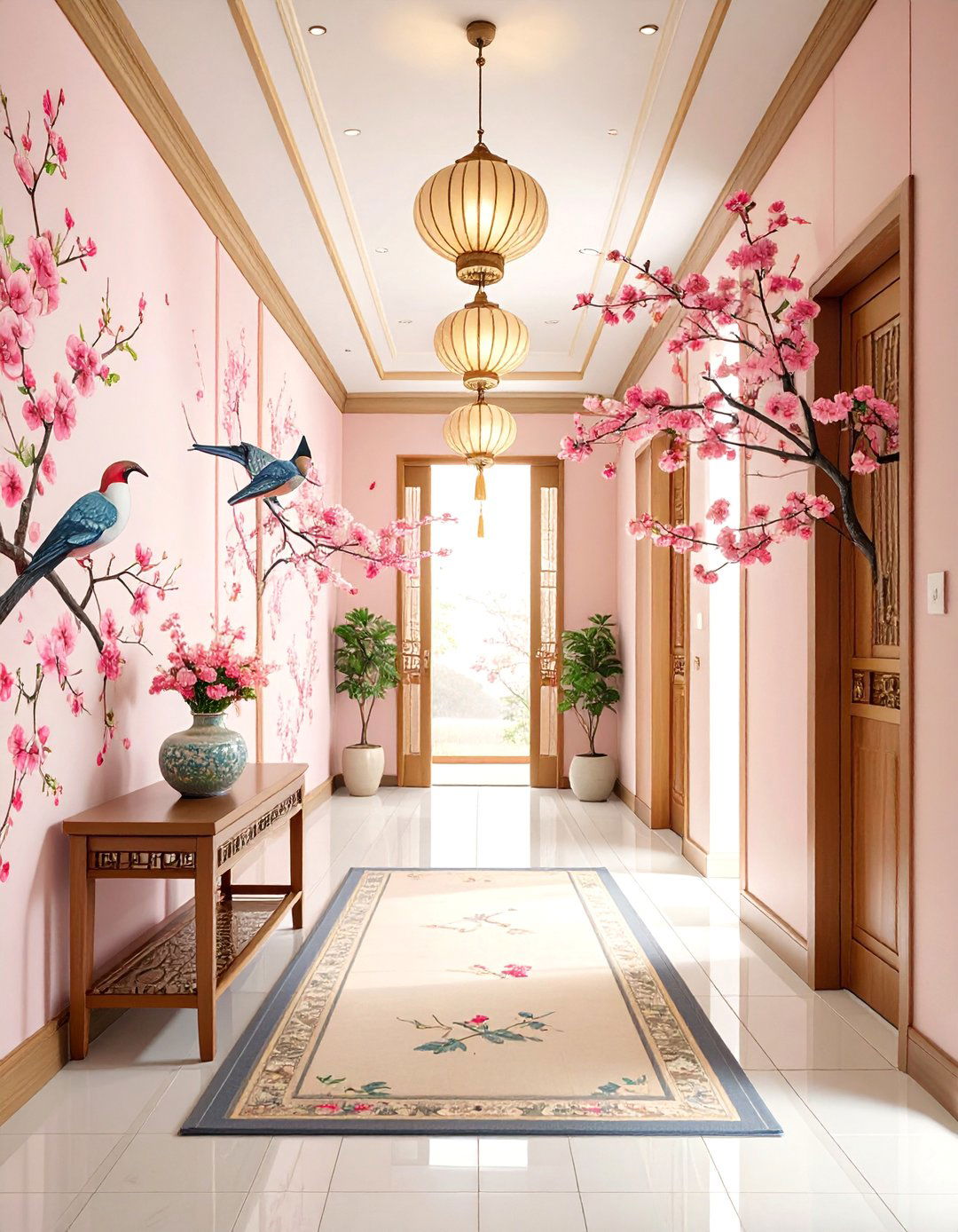 Vintage Chinoiserie Hallway Wallpaper with Oriental Bird Motifs - 25 Hallway Wallpaper Ideas