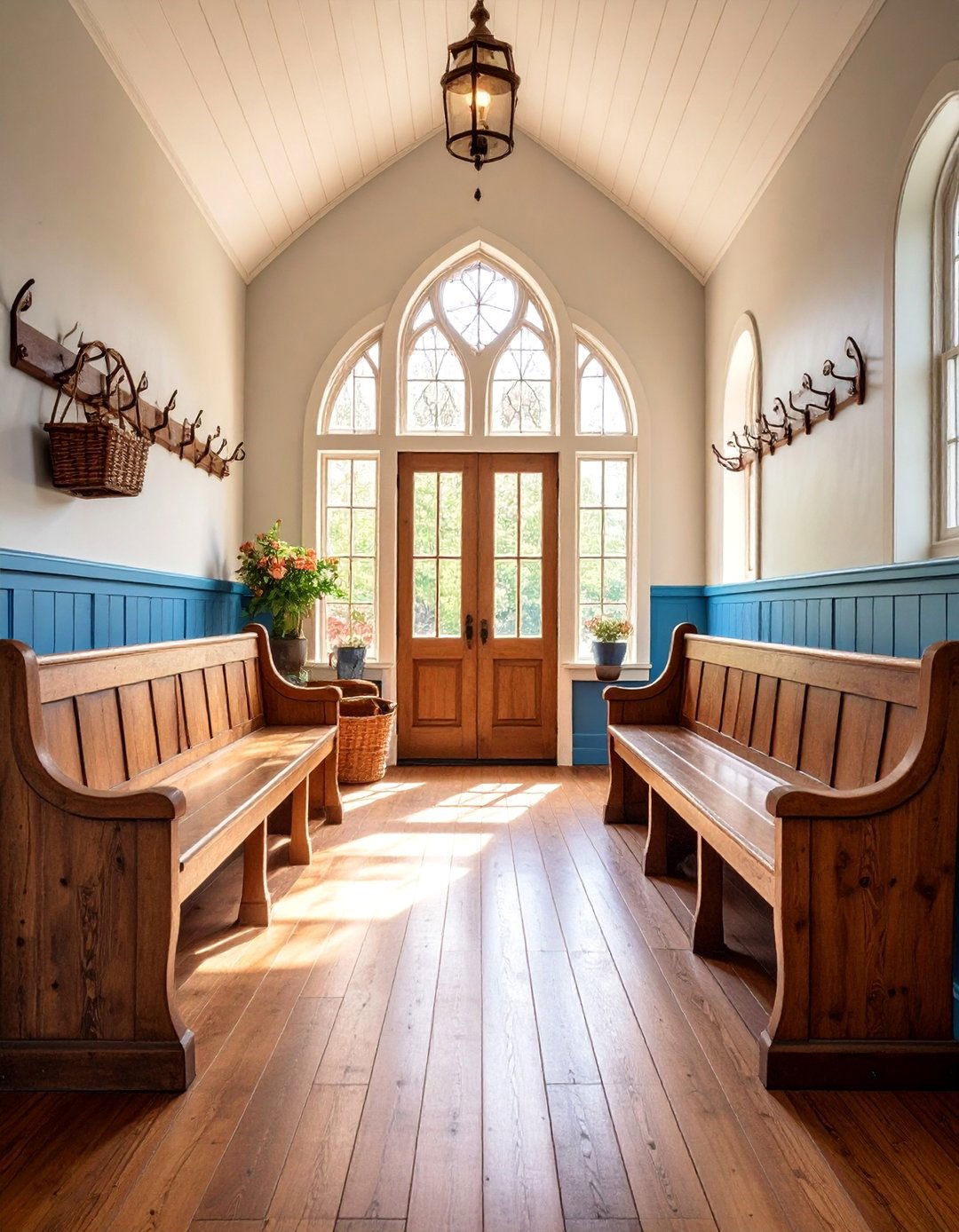 Vintage Church Pew Seating - 25 Farmhouse Entryway Ideas