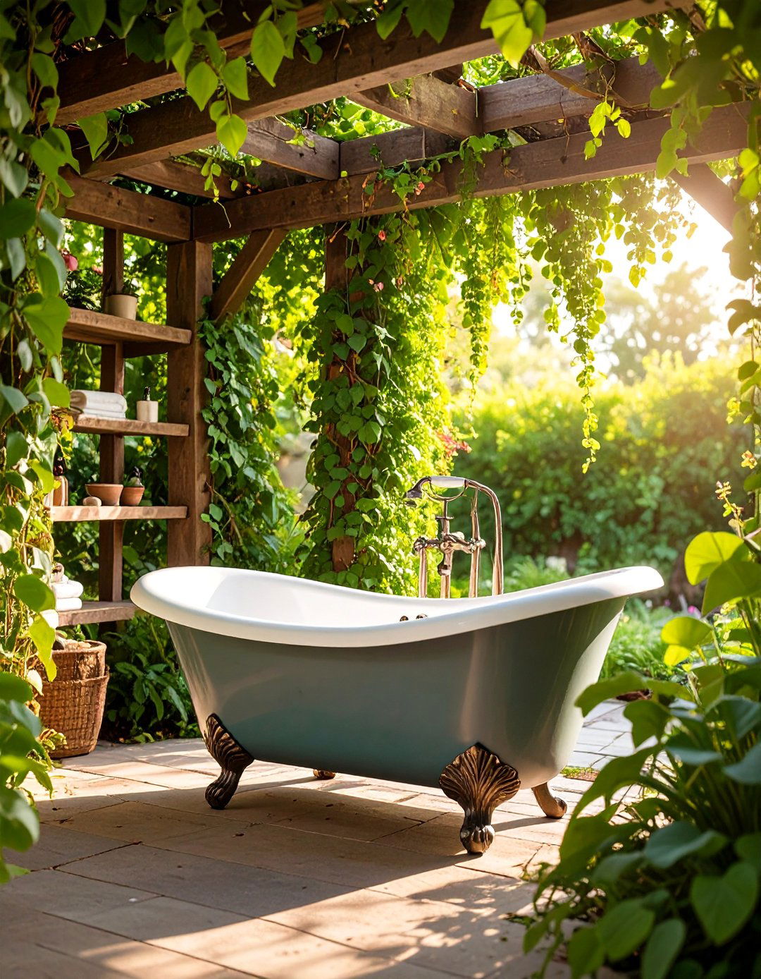 Vintage Clawfoot Tub with Rustic Pergola - 25 Rustic Outdoor Bathroom Ideas