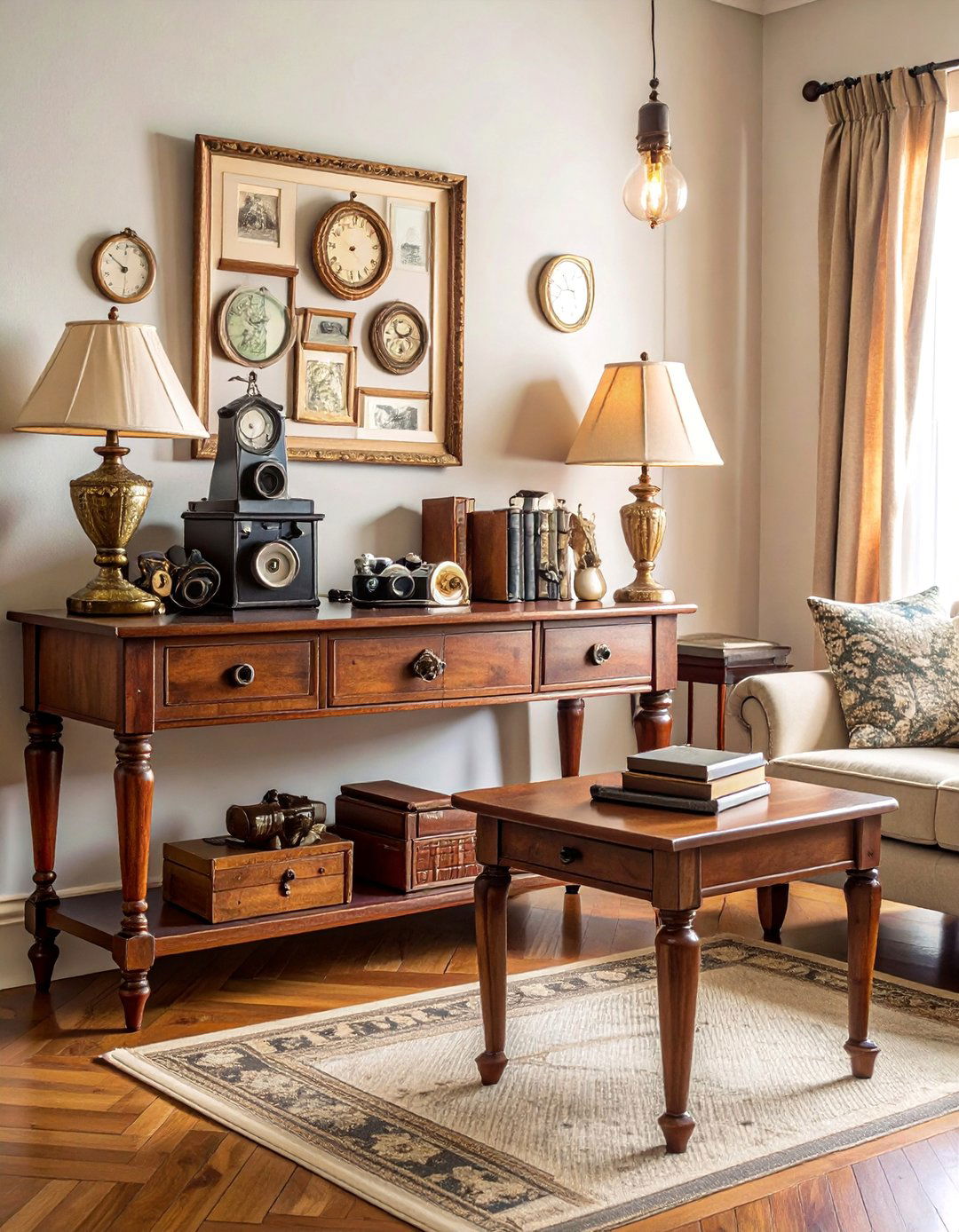 Vintage Console Table with Antique Collections and Heirloom Pieces - 25 Console Table Decor Ideas