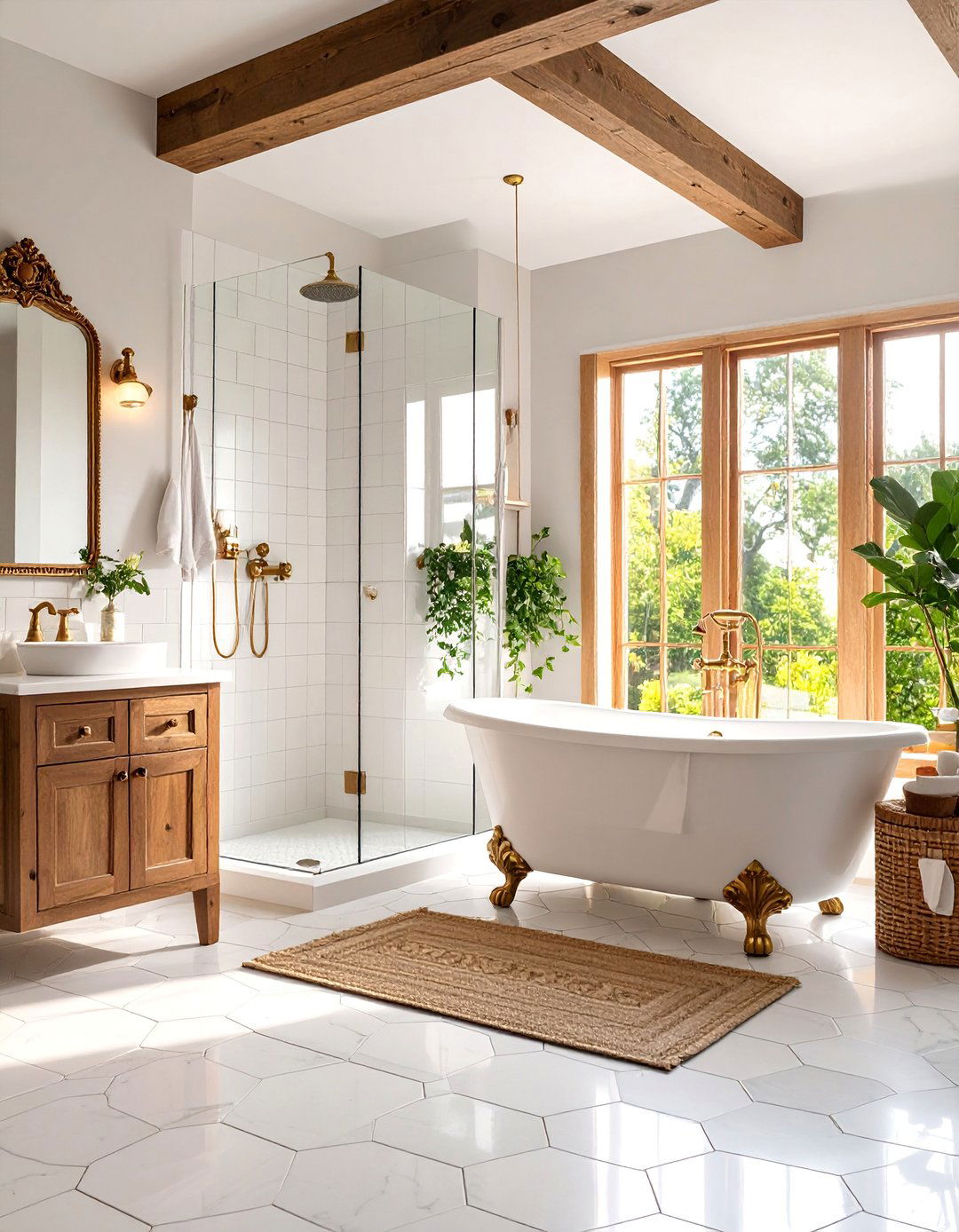 Vintage Corner Shower with Clawfoot Details and Brass Fixtures - 25 Corner Shower Ideas