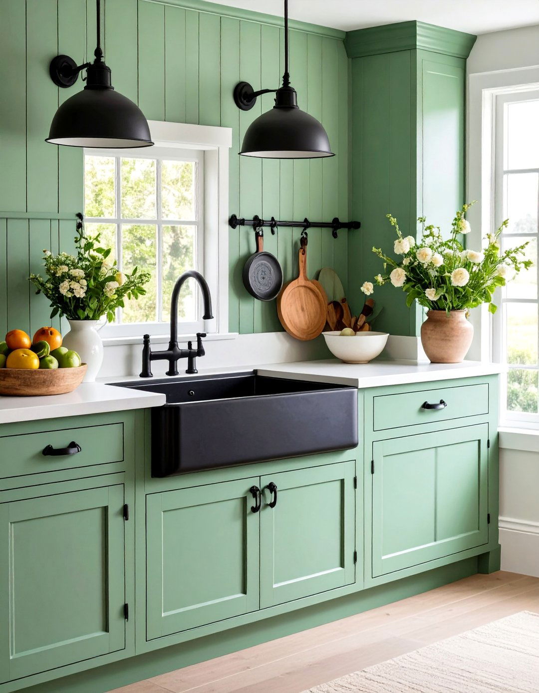 Vintage Cottage Kitchen with Sage Green Cabinets and Black Accents - 25 Sage Green and Black Kitchen Ideas