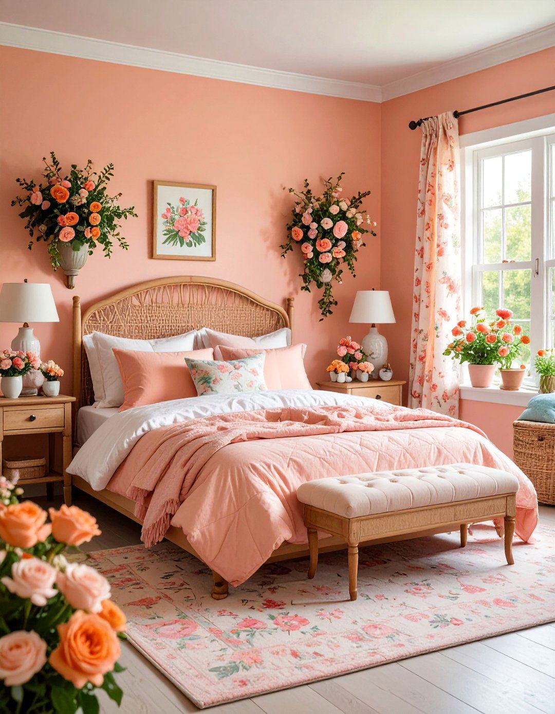 Vintage Cottage Peach Bedroom with Floral Accents - 25 Peach Bedroom Ideas