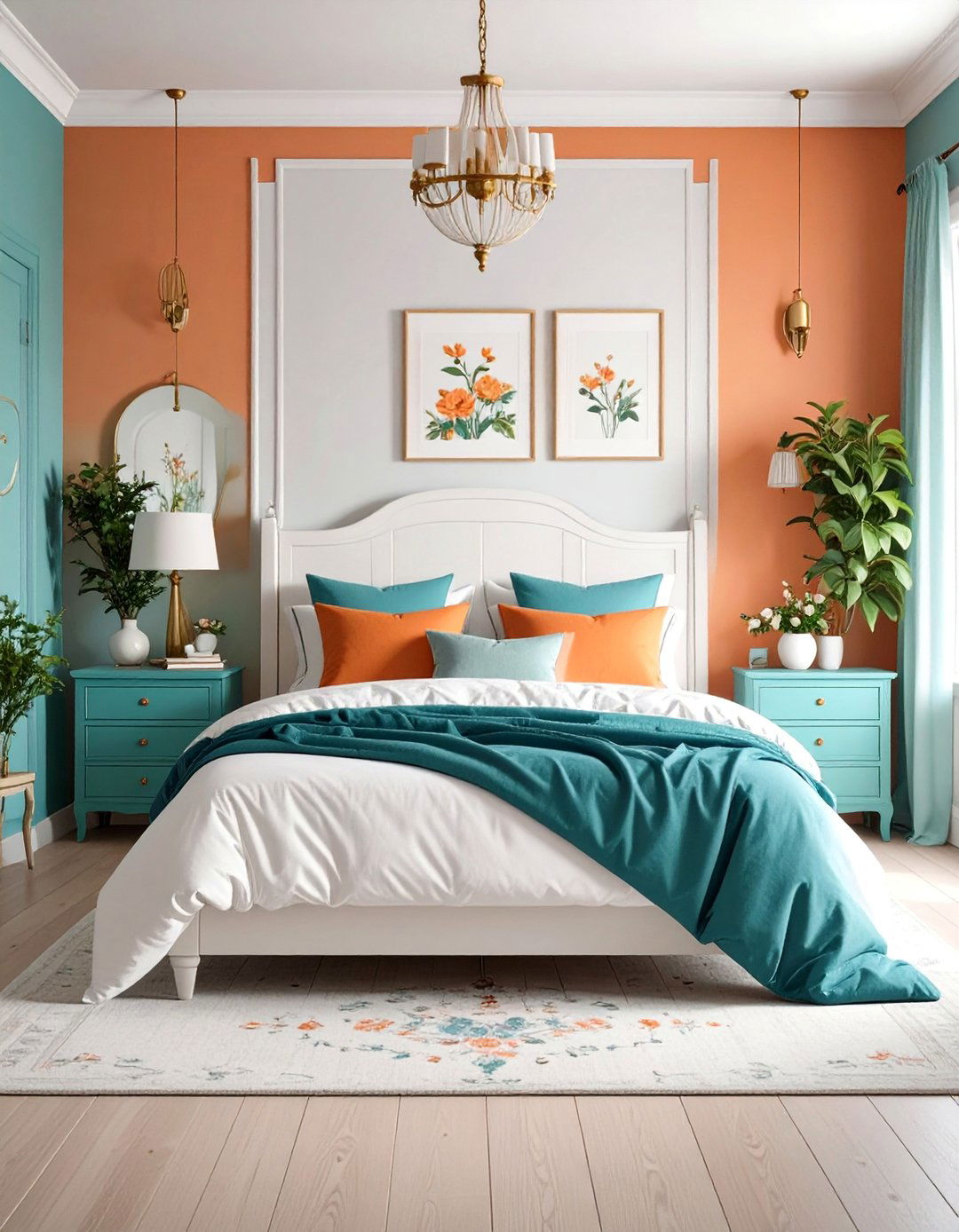 Vintage Cottage Teal with Orange Floral Wallpaper - 25 Teal and Orange Bedroom Ideas