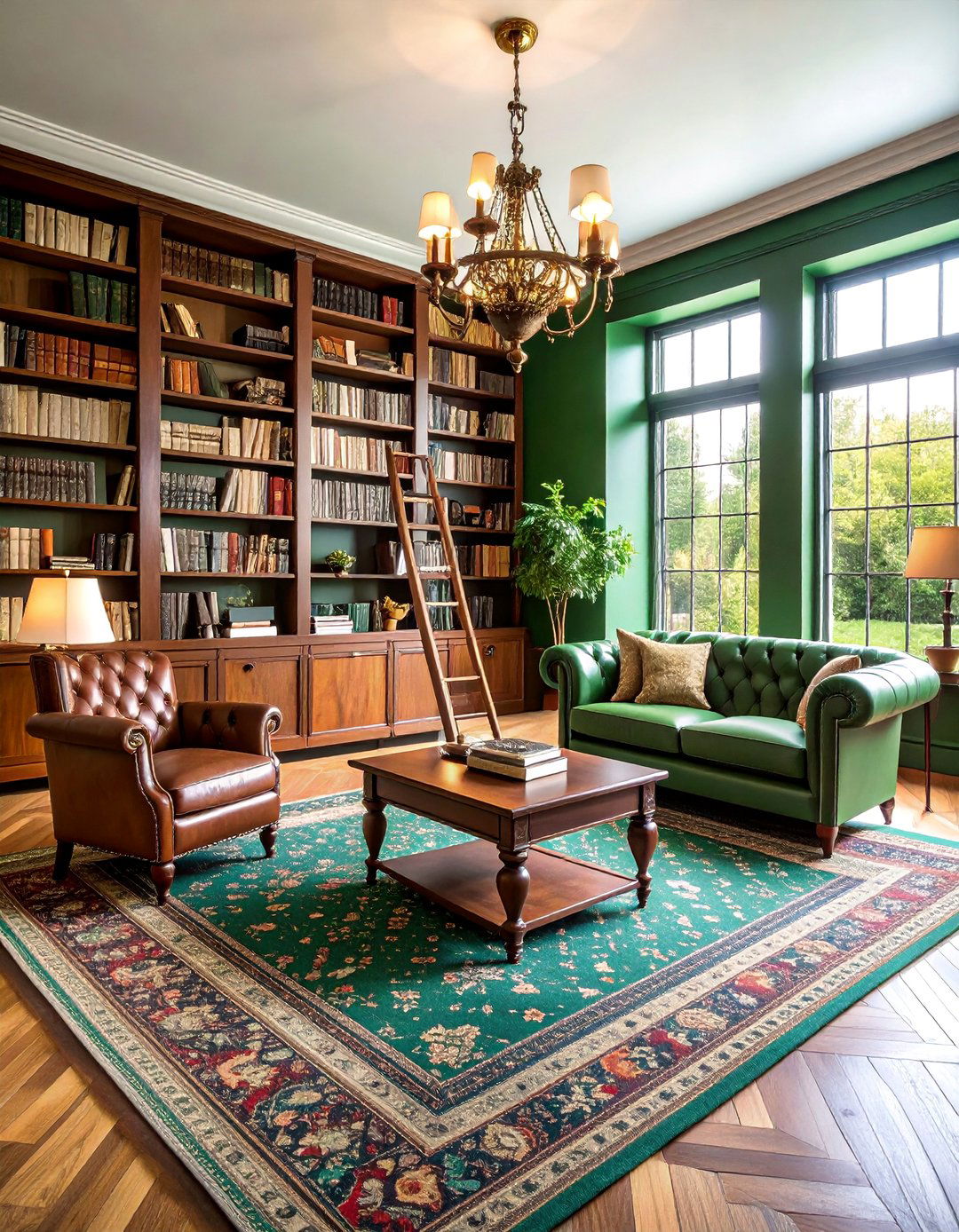 Vintage Cottagecore Library with Rolling Ladder and Leather Chairs - 25 Cottagecore Interior Design Ideas