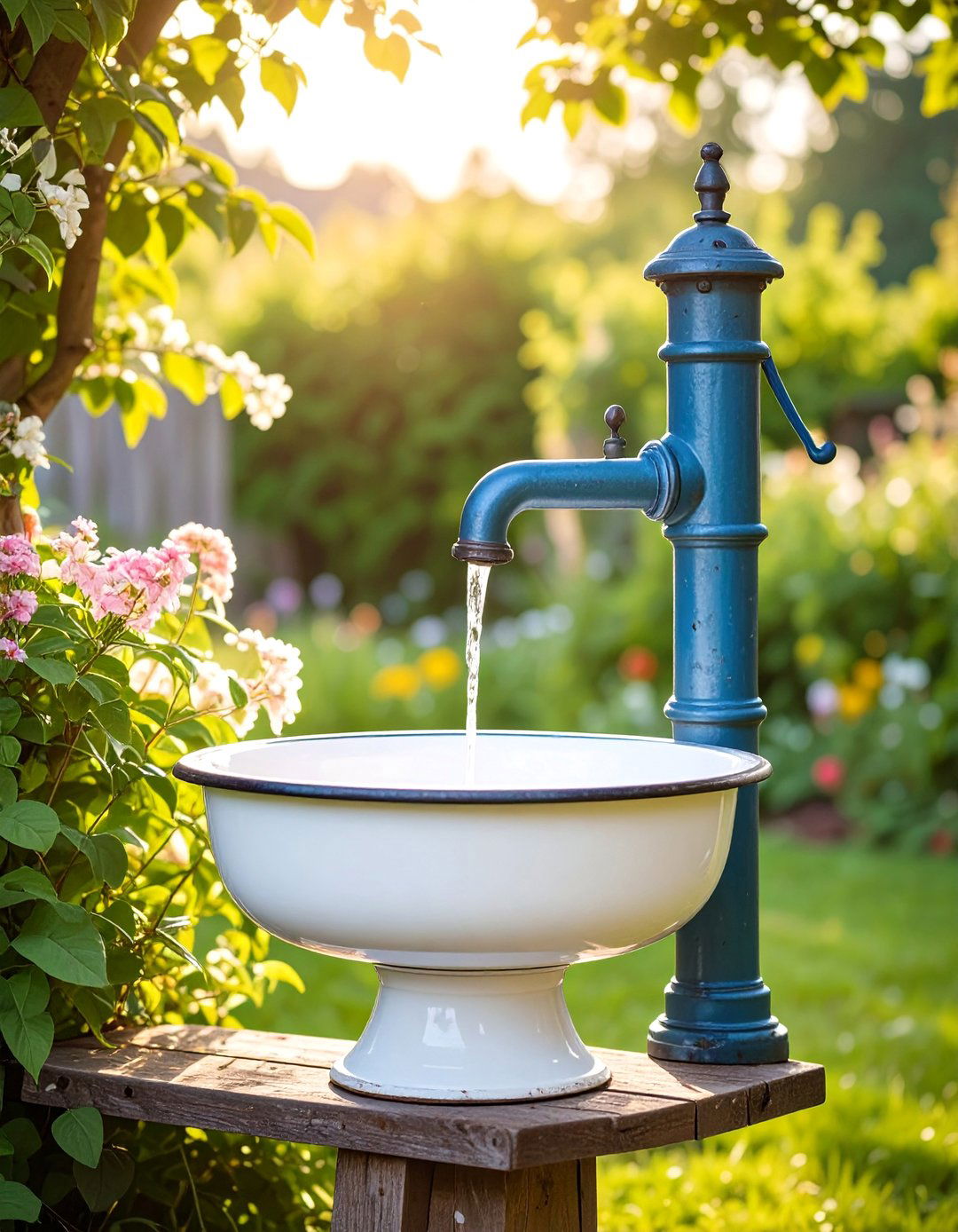 Vintage Enamelware Outdoor Sink with Pump Handle - 25 outdoor sink ideas