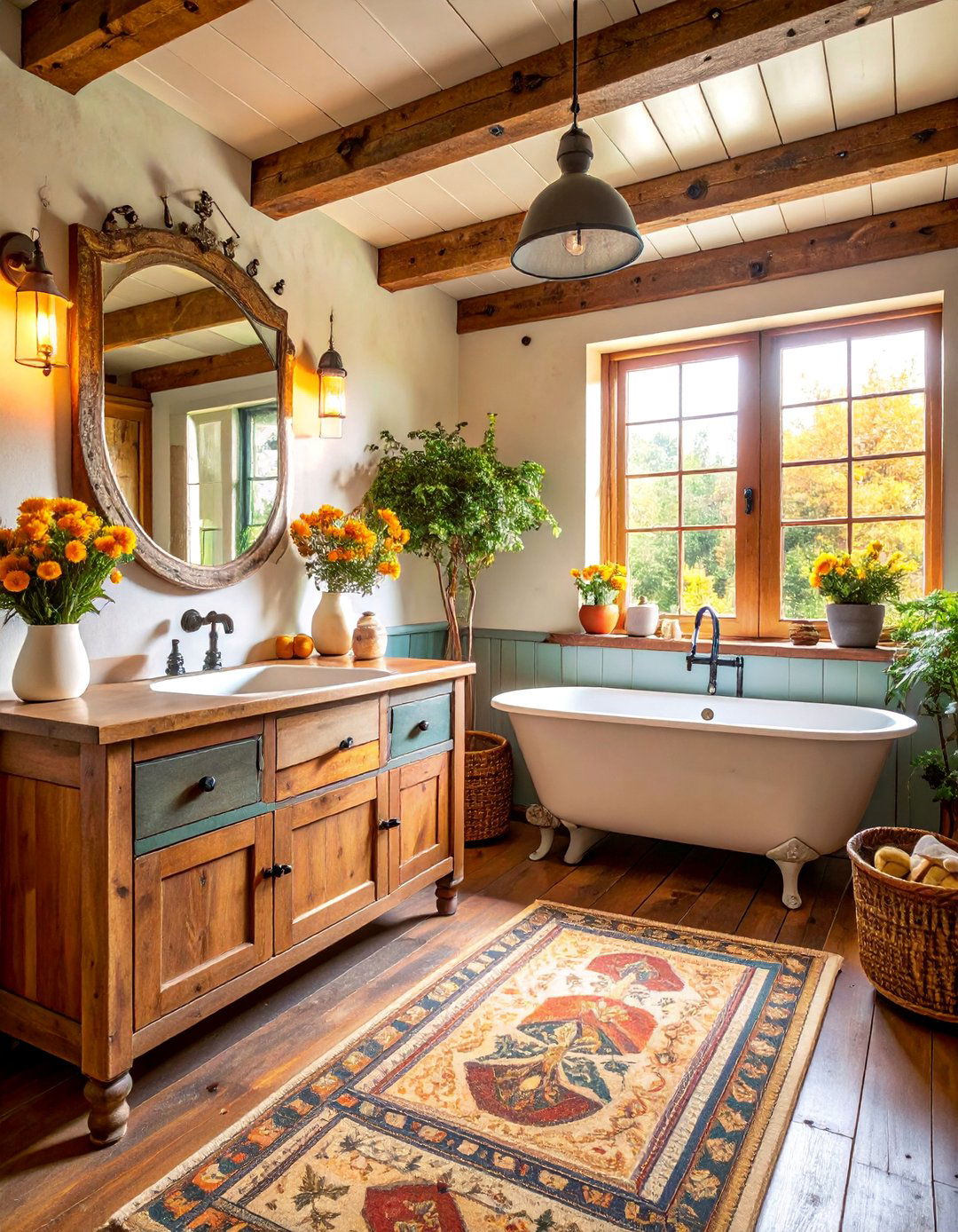 Vintage Farmhouse Bathroom with Weathered Chestnut - 25 Ideas for Wood Floors in Bathrooms