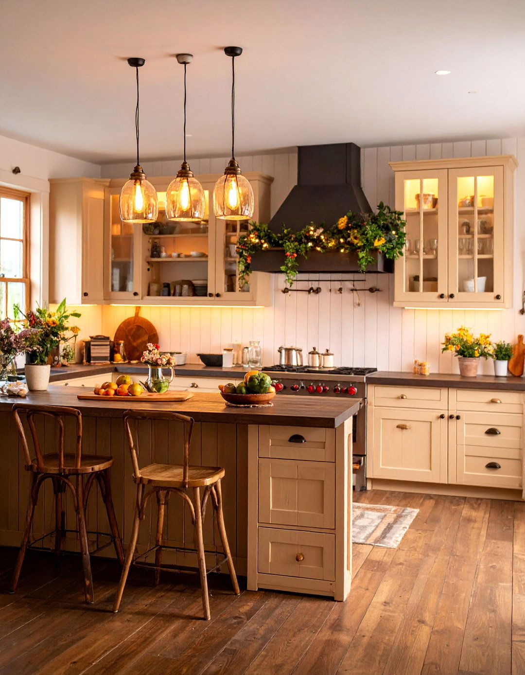 Vintage Farmhouse Kitchen with Butcher Block and Distressed Cream Cabinets - 25 kitchen with dark countertops and light cabinets
