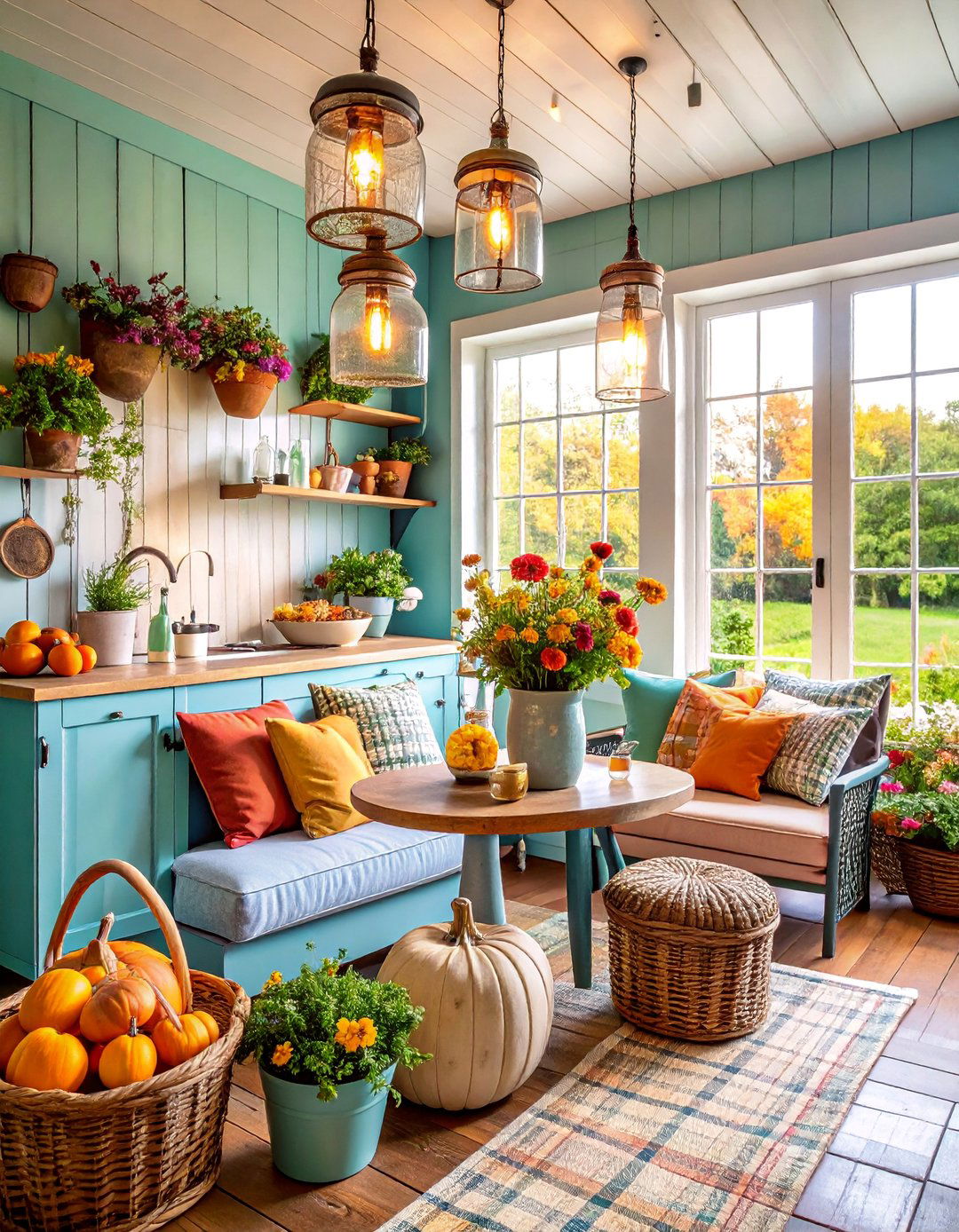 Vintage Farmhouse Sunroom with Mason Jar Lighting - 25 Rustic Sunroom Ideas