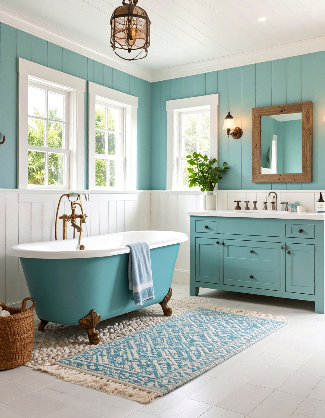 Vintage Farmhouse with White Pebble Wainscoting - 25 Pebble Tile Bathroom Ideas