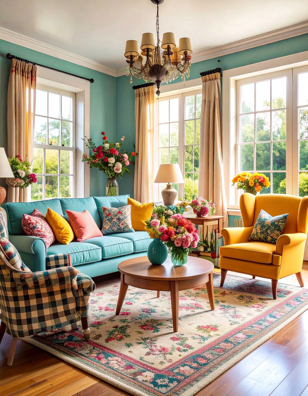 Vintage Floral Farmhouse Living Room with Pattern Mixing - 25 Farmhouse Living Room Ideas
